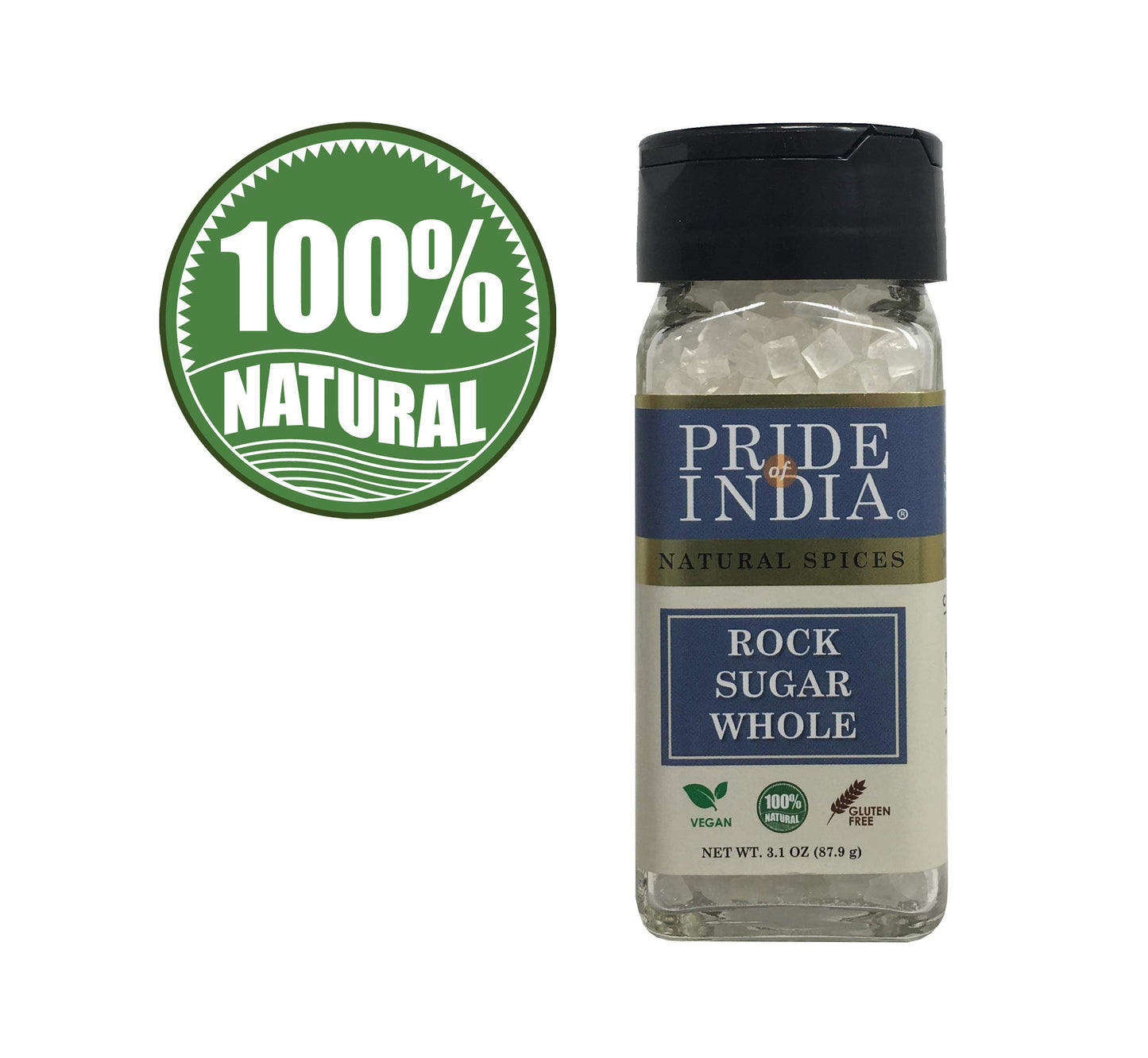 Pride Of India - Natural Crystal Rock Sugar Whole- 3.1 Oz (88 Gm) Dual Sifter Jar, Authentic Indian Sugar Crystals, Used To Swee