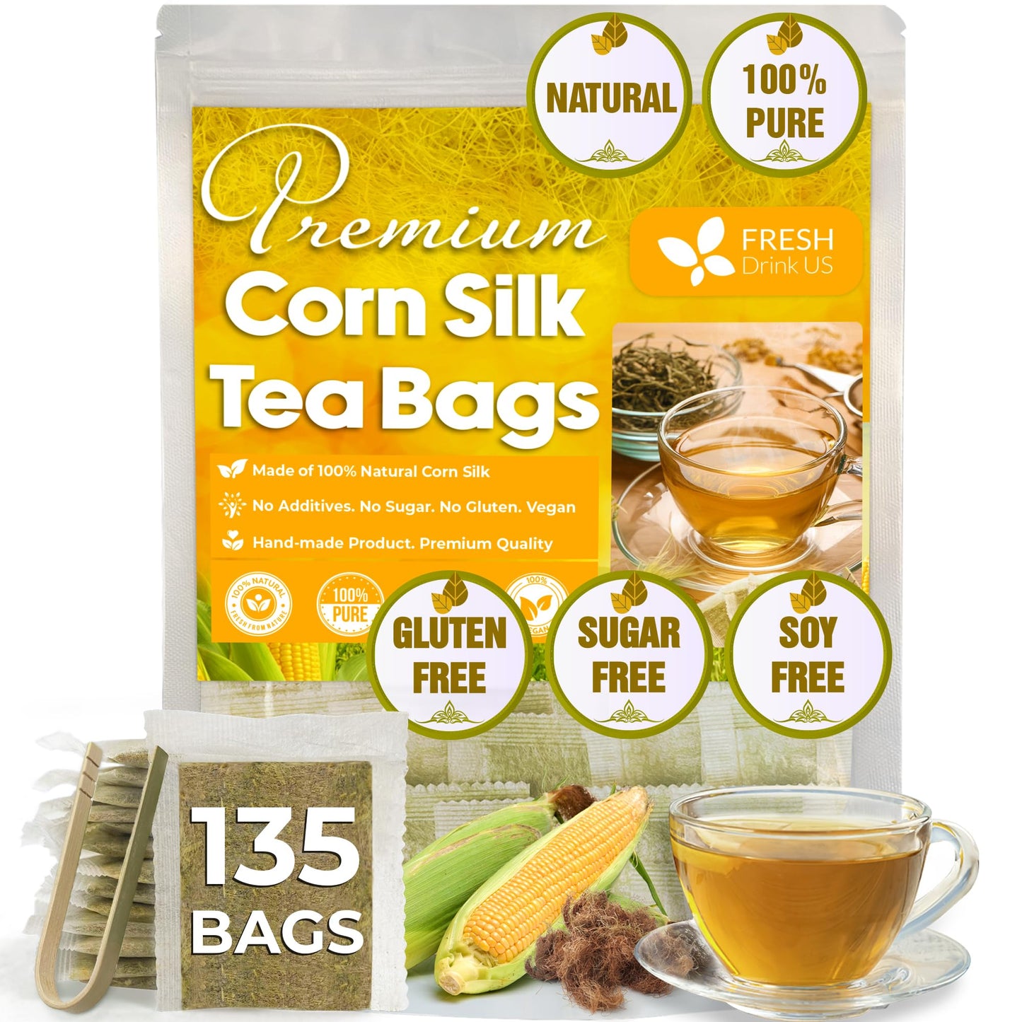 FRESHDRINKUS Corn Silk Herbal Tea, 100% Natural, Vegan, 135 Tea Bags