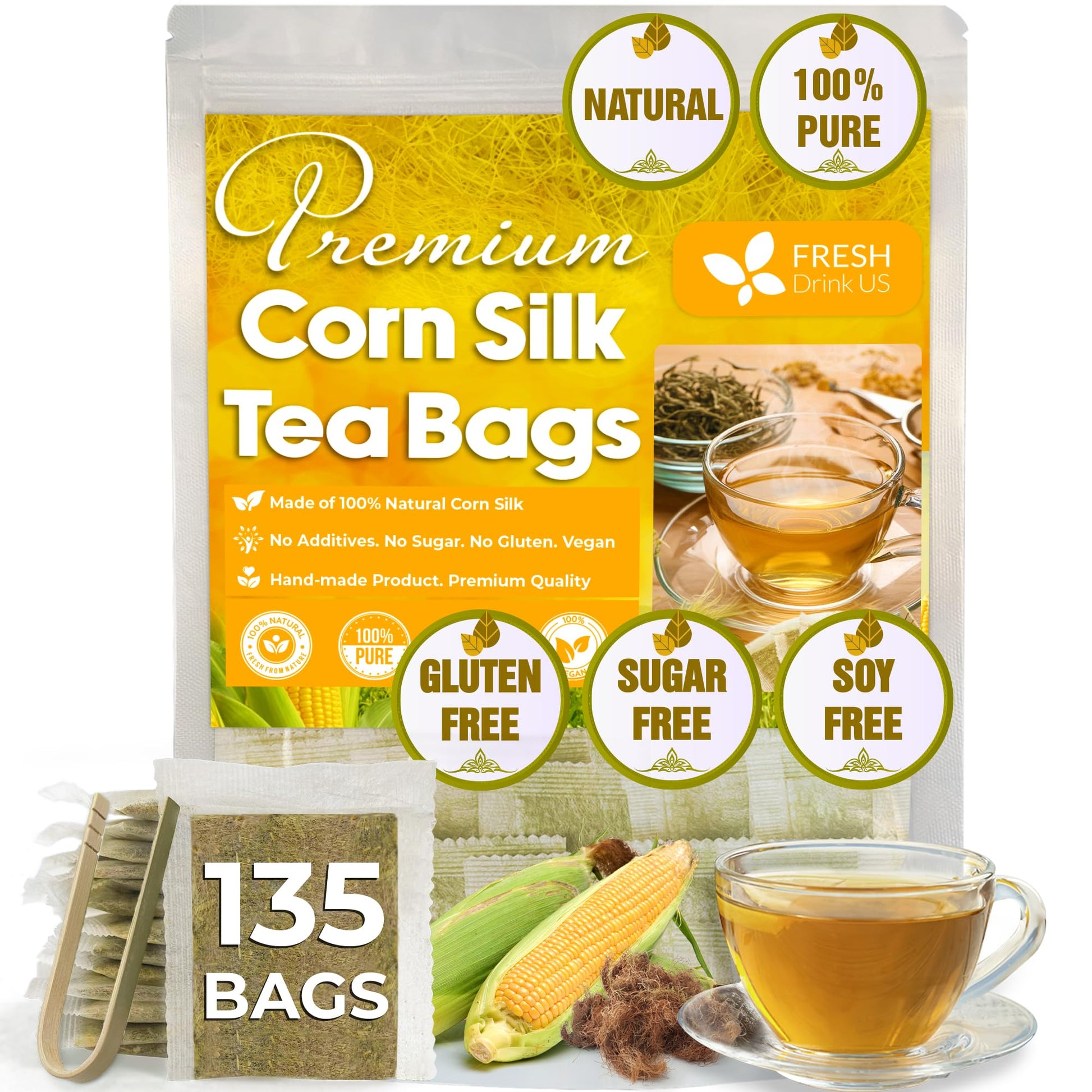 FRESHDRINKUS Corn Silk Herbal Tea, 100% Natural, Vegan, 135 Tea Bags