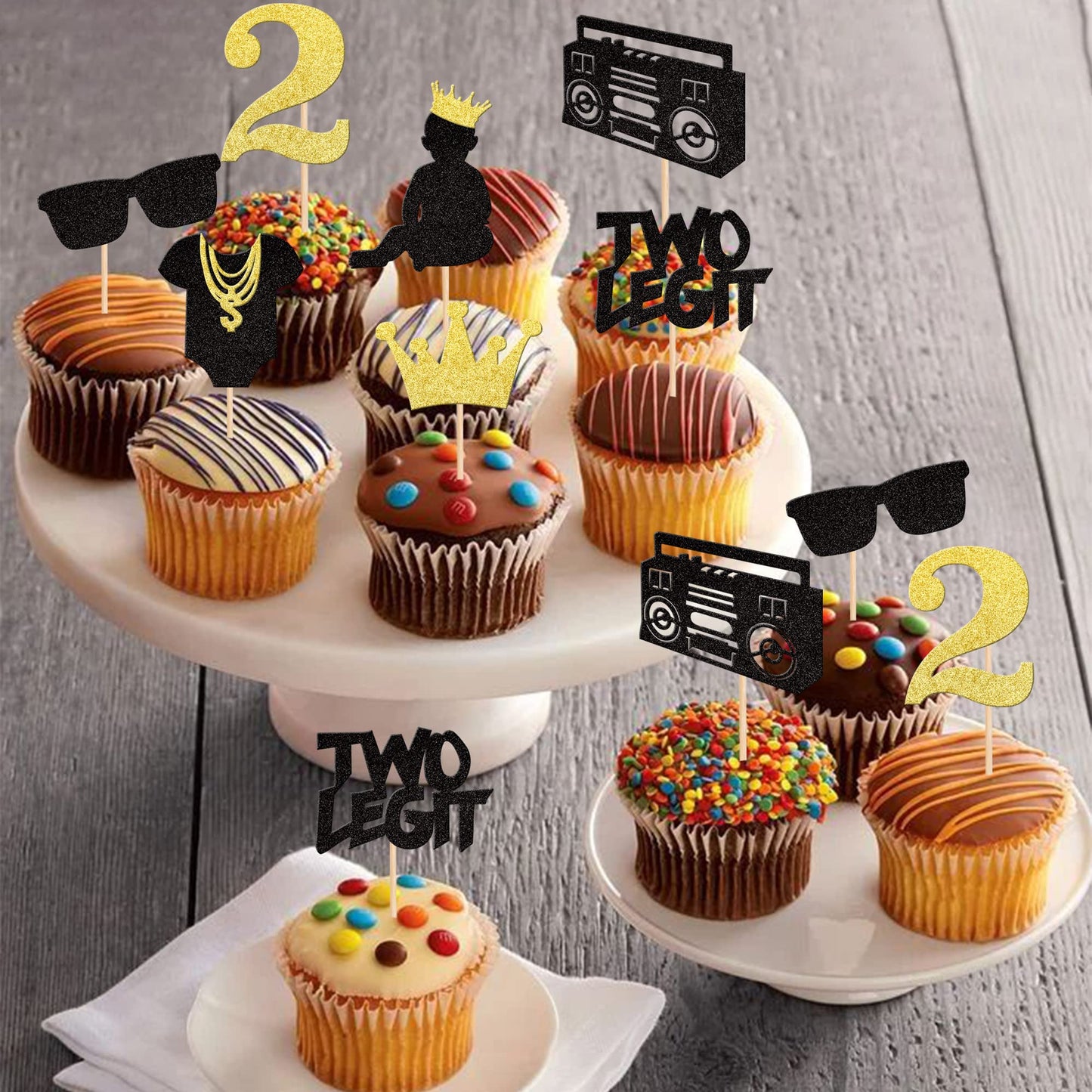 28 Pcs Two Legit Cupcake Toppers Black Glitter Hip Hop 2Nd Birthday Cupcake Picks Two Cool Glasses 90S Cake Decorations For Baby