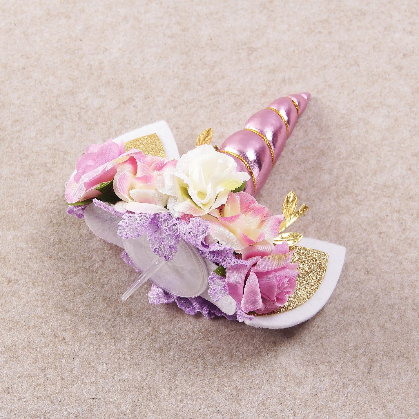 Nishine Rose Floral Unicorn Cake Topper - Birthday Party Decoration, 14cm x 14cm x 3cm, Pink & Ivory