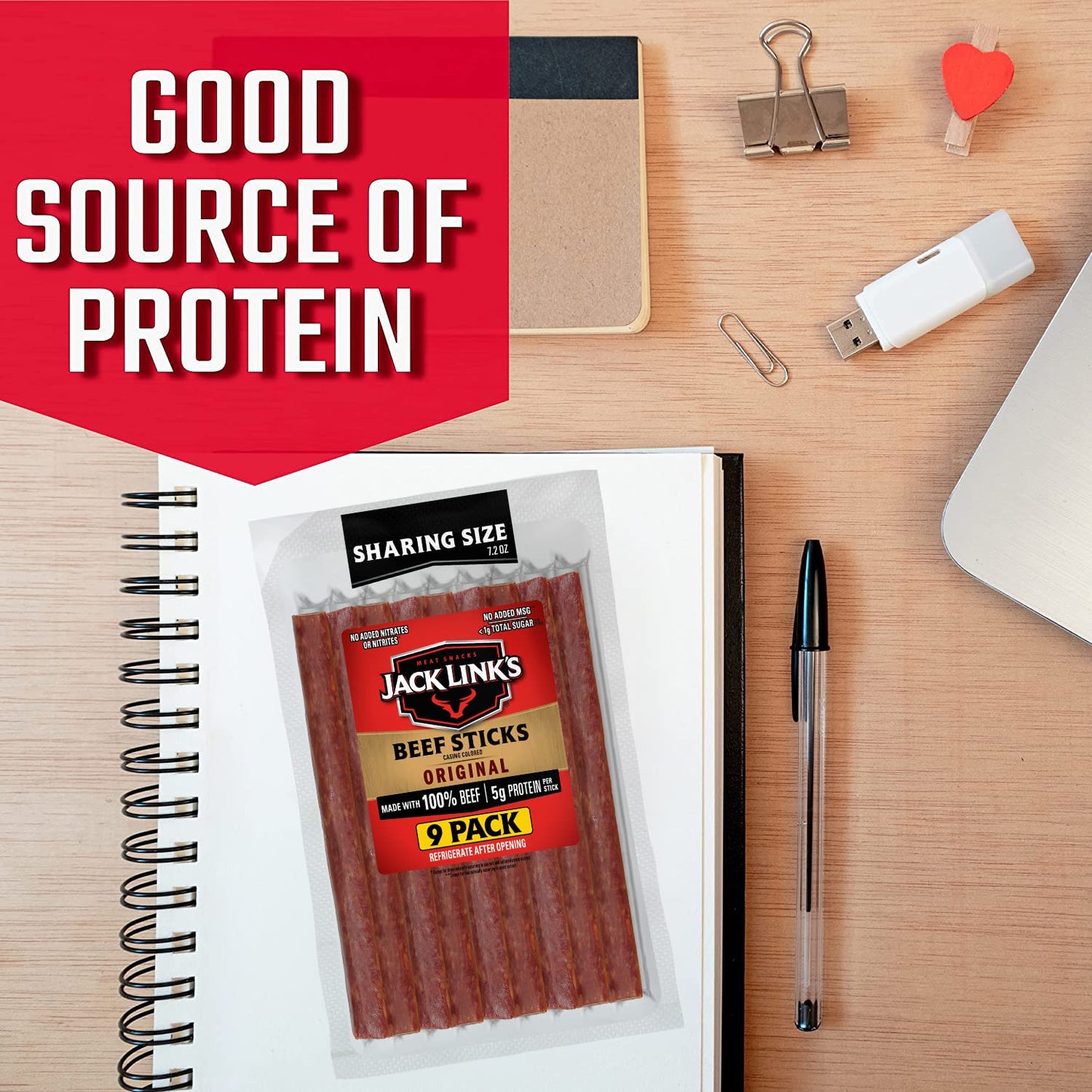 Jack Link's Beef Sticks, Original Protein Snack, 100% Beef, 7.2 Oz