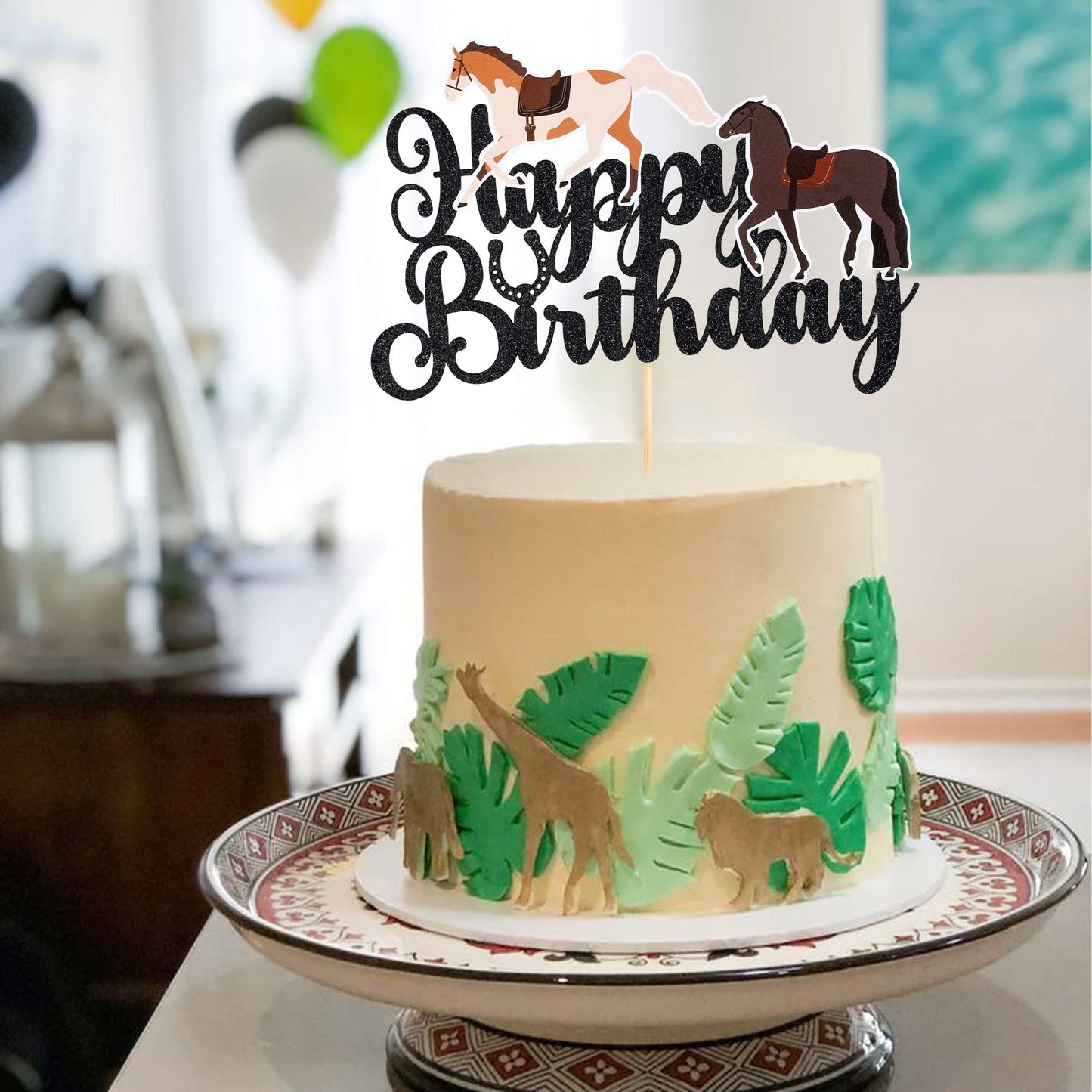 Gyufise 1Pcs Horse Happy Birthday Cake Topper Glitter Animal Horse Cake Pick For Equestrian Theme Baby Shower Kids Boys Girls Bi