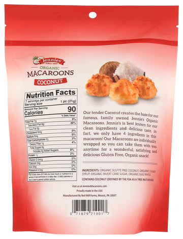 Jennies Organic Coconut Macaroons, 5.25oz | Dairy Free | Peanut Free | Gluten Free | Individually Wrapped