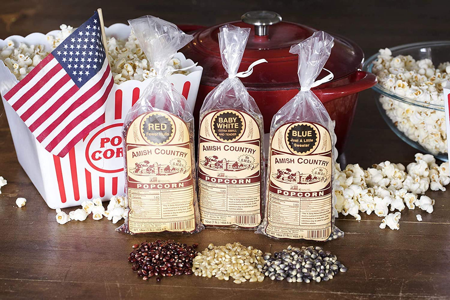Amish Country Popcorn | Variety Bundles | 3-1 lb Bags | Red - White - Blue Popcorn Kernels | Old Fashioned, Non-GMO and Gluten F