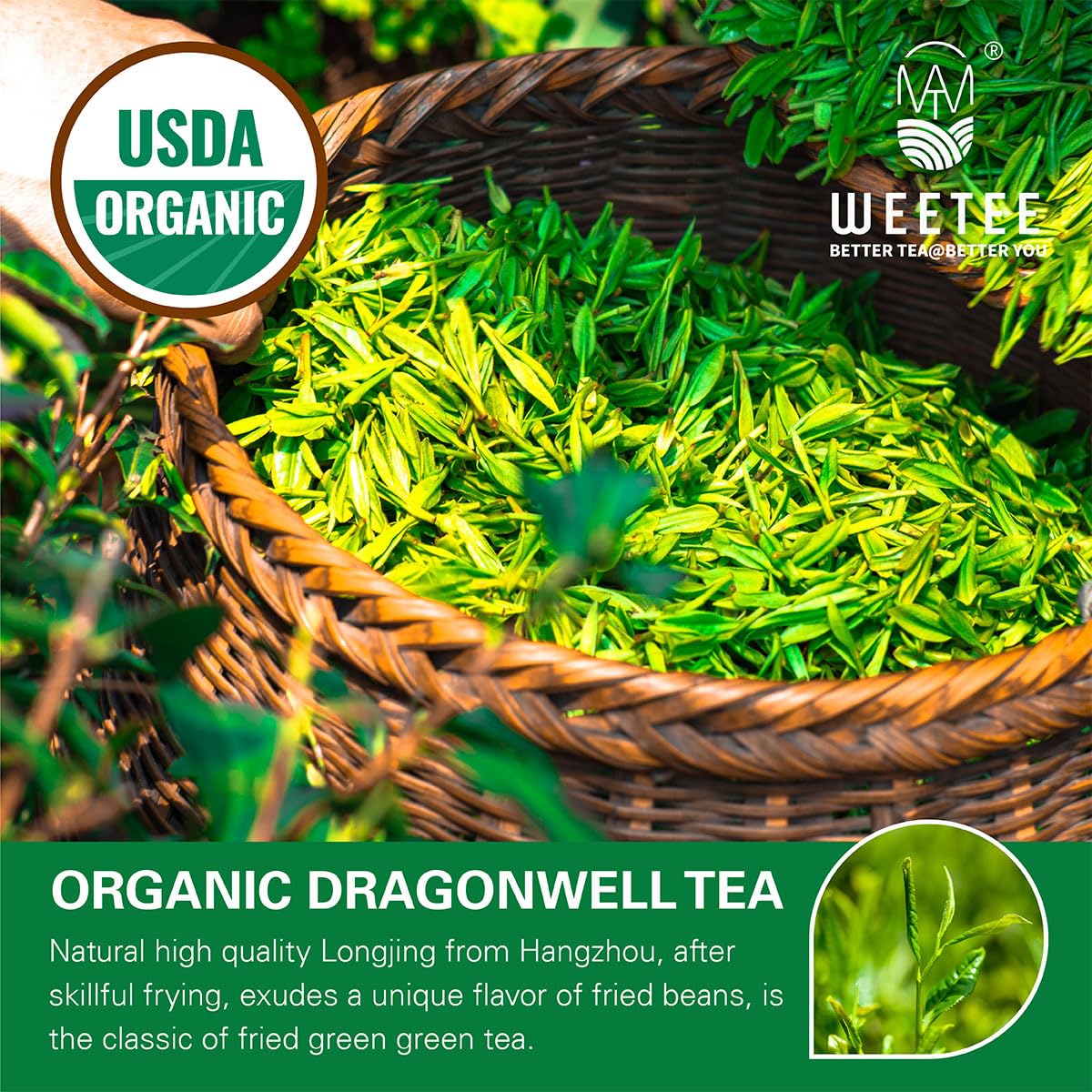 Wt Weetee Organic Longjing Green Tea, Organic Dragonwell Tea Loose Leaf 4Oz (114G), Natural Bean Aromatic Lung Ching Dragon Well