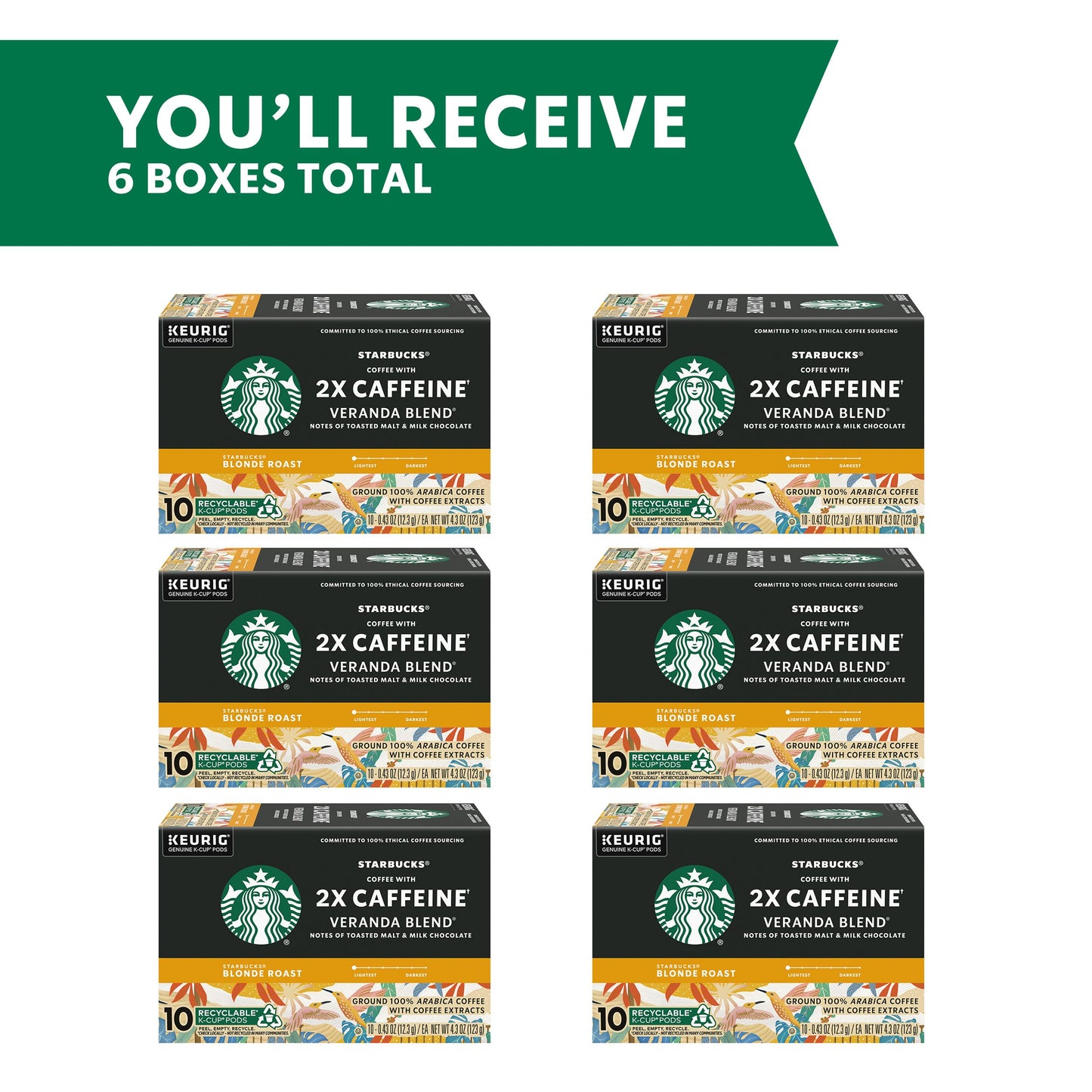 Starbucks K-Cup Coffee Pods, Blonde Roast with 2X Caffeine, 60 Pods Total, Veranda Blend for Keurig malt-inspired