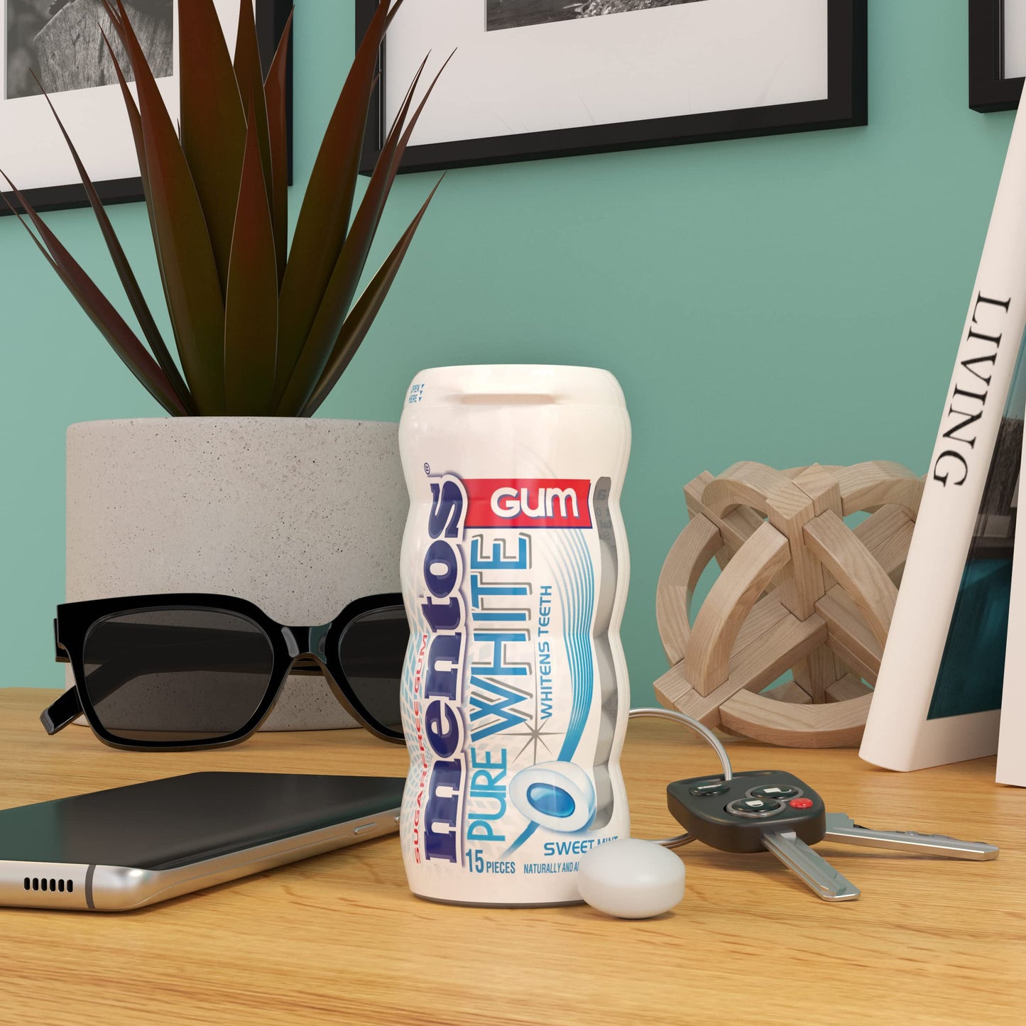 Mentos Pure White Sugar-Free Chewing Gum With Xylitol, Sweet Mint, 15 Piece Bottle (Bulk Pack Of 10)