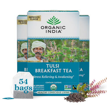 ORGANIC INDIA Tulsi Breakfast Herbal Tea - Black Tea, Holy Basil, Relieve Stress & Energize, USDA Organic, Non-GMO, Caffeinated 