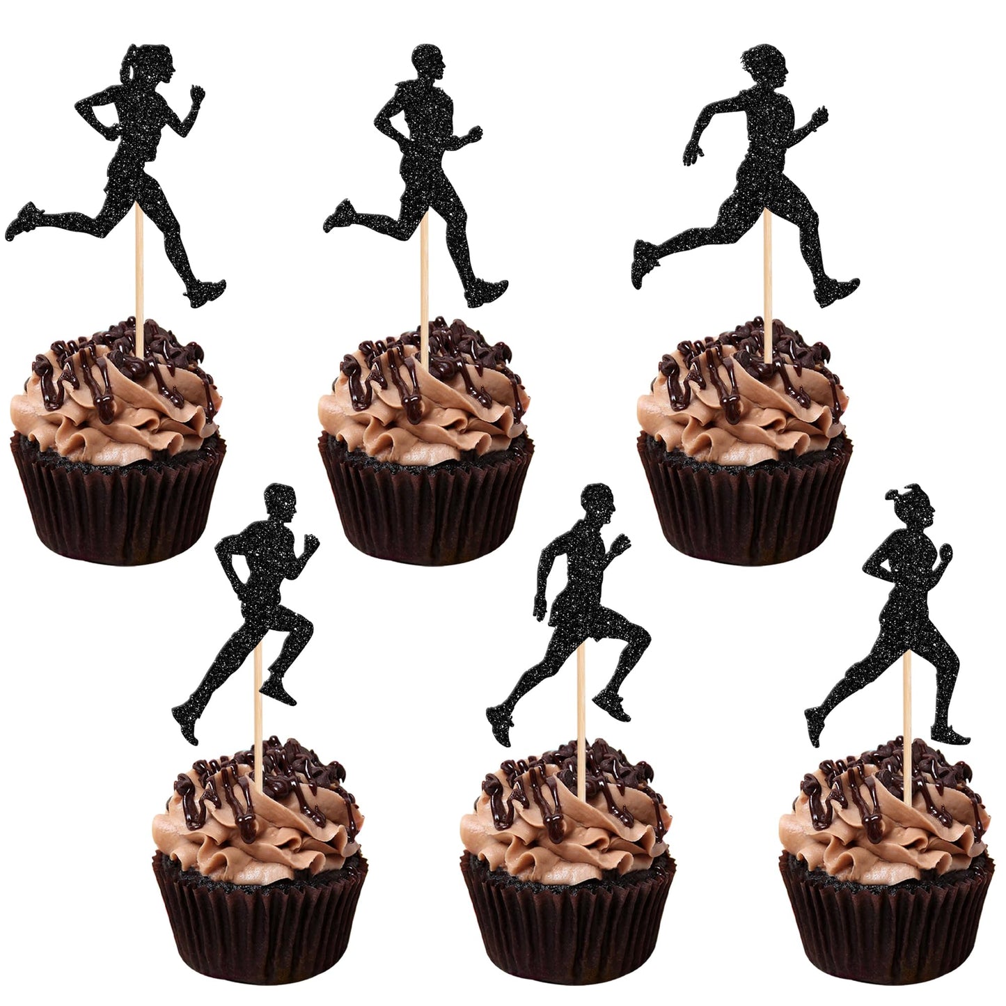 24 Pcs Running Cupcake Toppers Black Glitter Sports Fitness Cupcake Picks For Running Theme Boys Girls Birthday Party Cake Decor