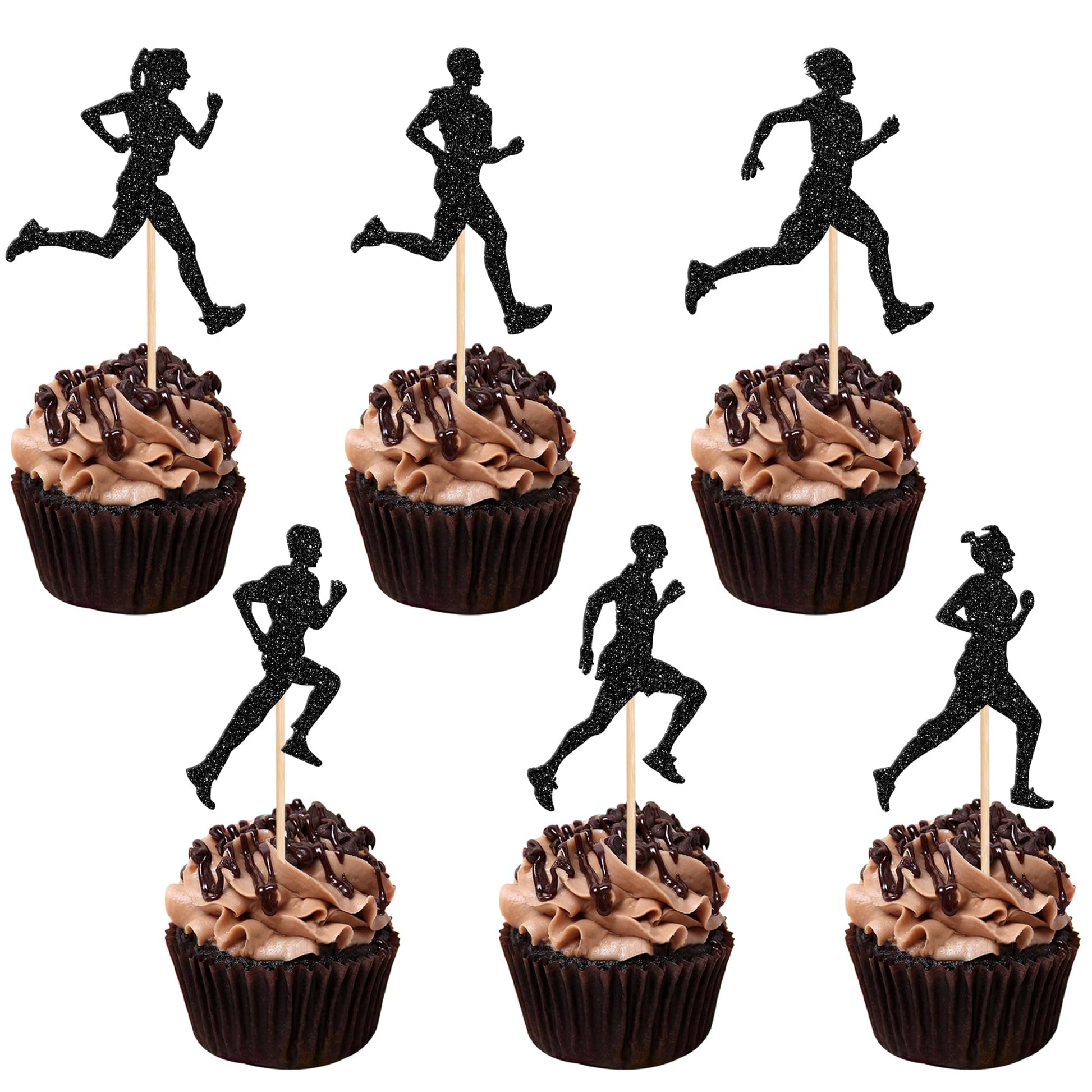 24 Pcs Running Cupcake Toppers Black Glitter Sports Fitness Cupcake Picks For Running Theme Boys Girls Birthday Party Cake Decor