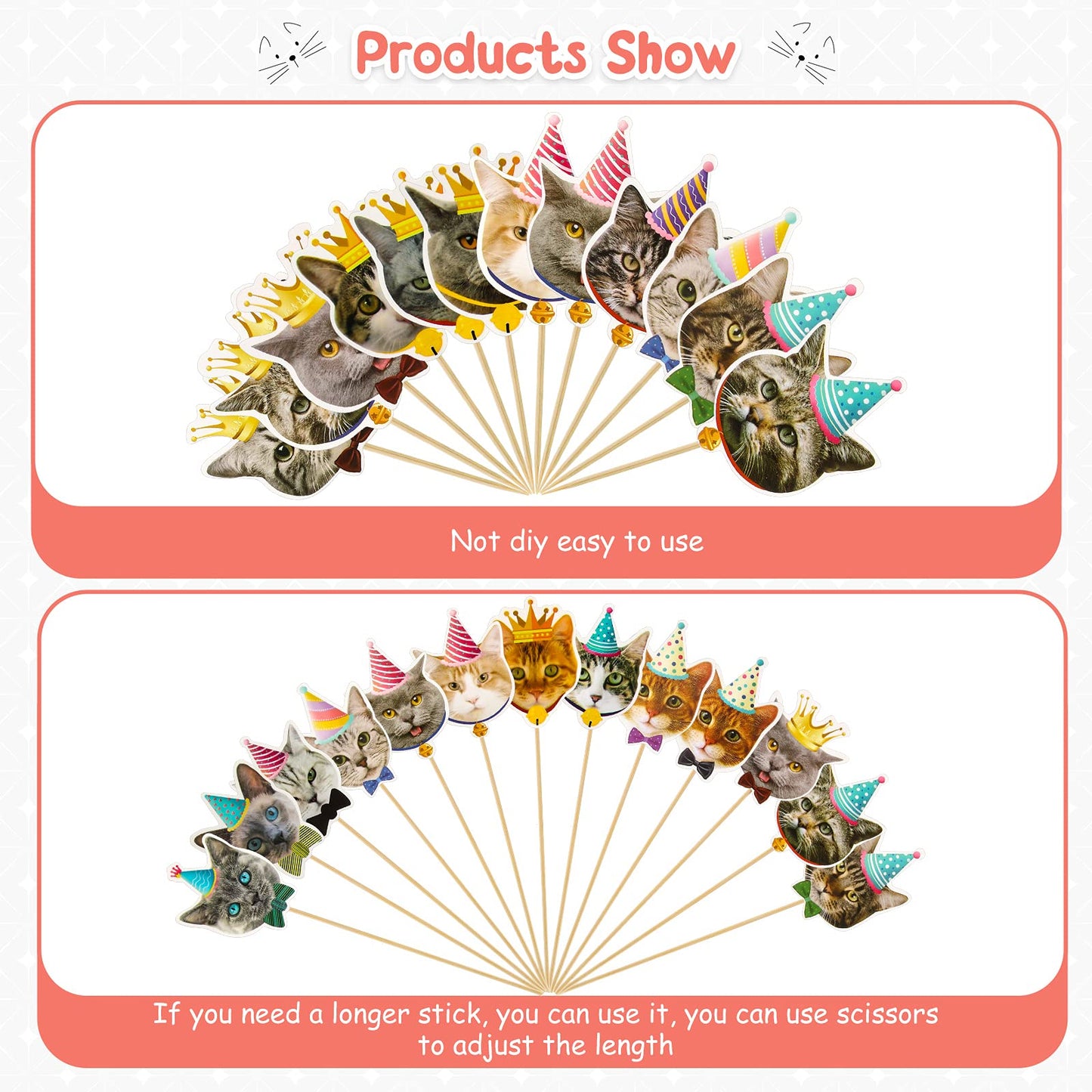 Outus Cat Face Cupcake Toppers - 48 Pieces, Paper, Gray Pink White Black, Cute Cat Head Toothpicks for Birthday Party Supplies