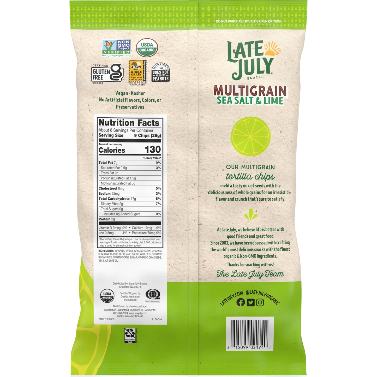Late July Snacks, Organic Multigrain Tortilla Chips, Sea Salt and Lime, 7.5-oz. Bag