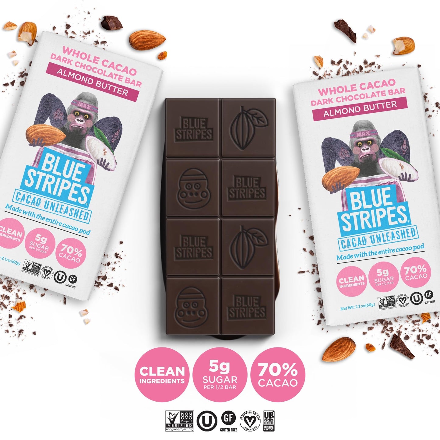 Blue Stripes Whole Cacao Almond Butter Dark Chocolate Bar, 2.1 OZ