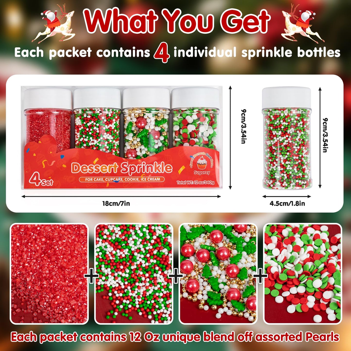 Edible Christmas Sprinkles for Cake Decorating,4 Pack 12 oz,Red White Green Gold Pearls and Christmas Confetti Trees Candy,Nonpa