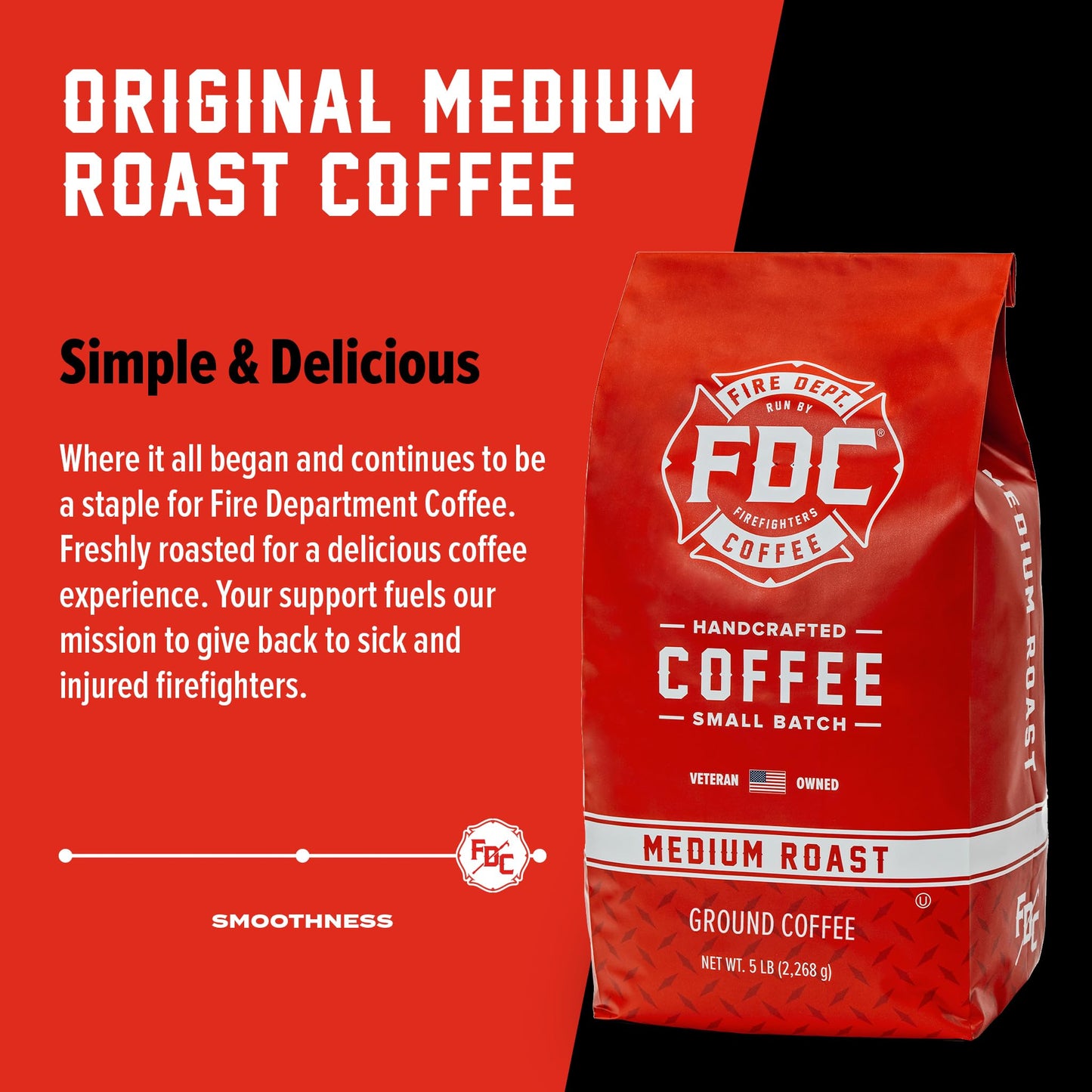 Fire Department Coffee Medium Roast Ground Coffee - Veteran Owned, 5 LB Bulk, Balanced & Smooth, Roasted in the USA