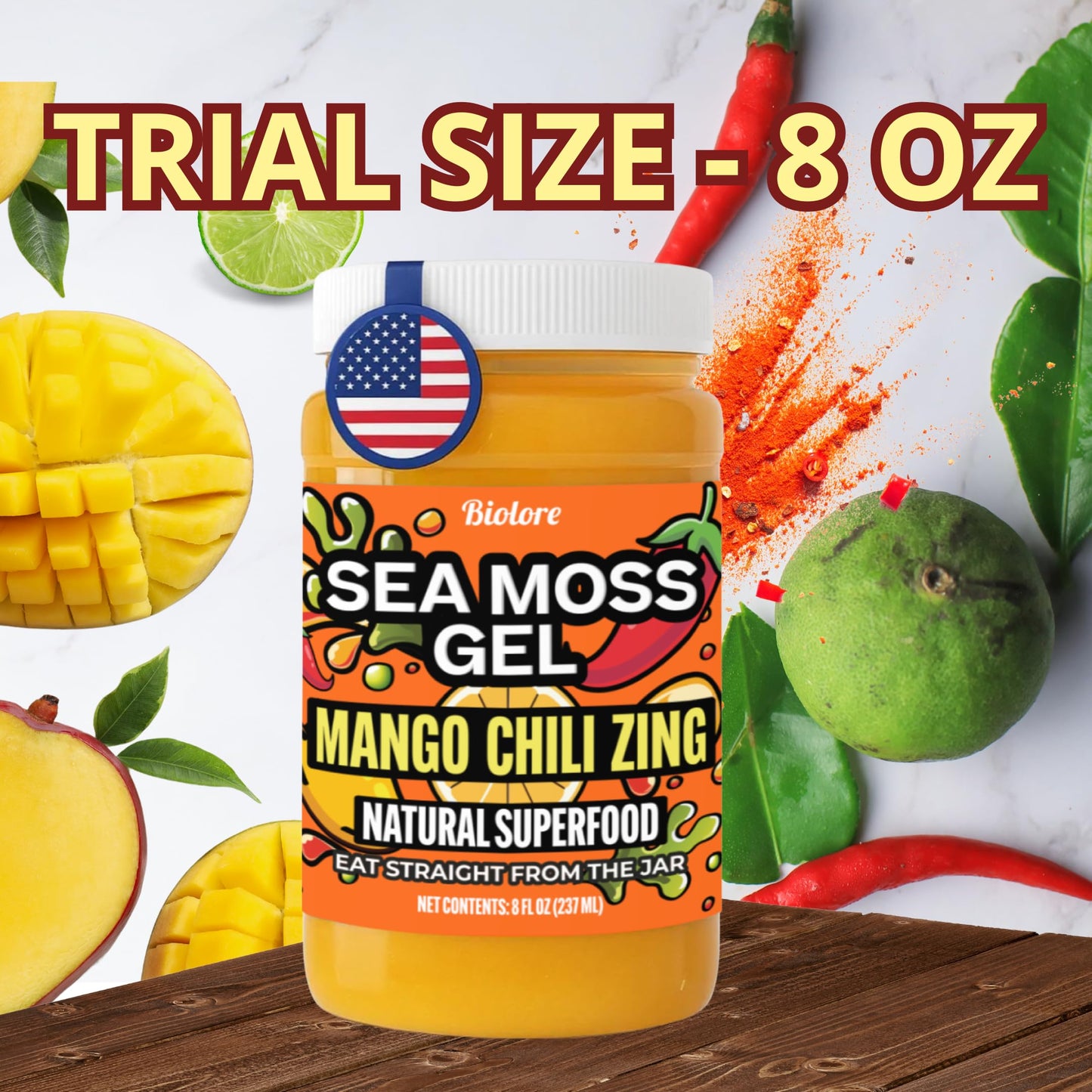 Biolore Sea Moss Gel Mango Chili Zing 8oz, Made in USA, Raw Wildcrafted Irish Seamoss Vegan Superfood, Jam, Jelly & Sweet Spread
