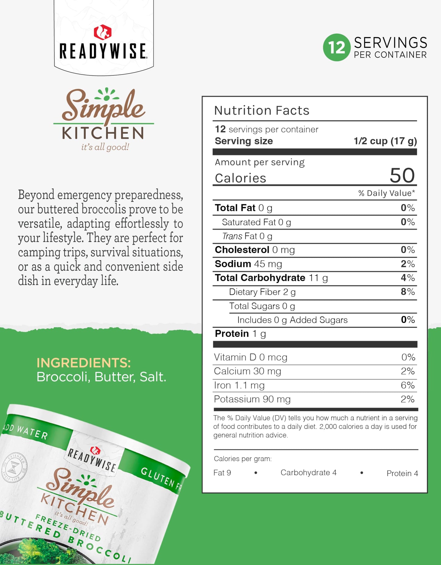 Simple Kitchen Freeze Dried Buttered Broccoli - 12 Servings for Family Meal Prep, Canned Broccoli, Gluten Free & Dehydrated Camp