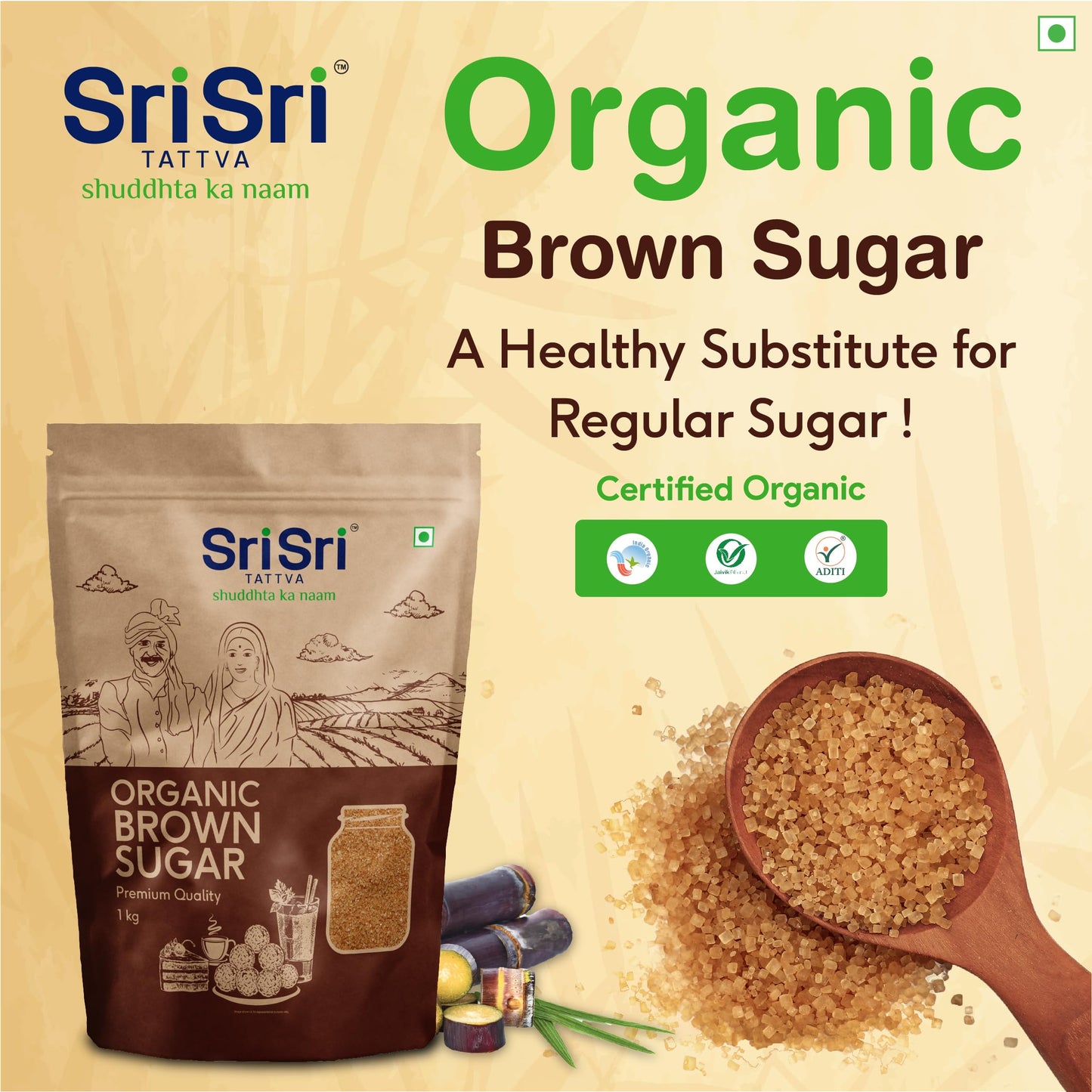 Sri Sri Tattva Organic Brown Sugar - 1Kg (Pack Of 1) - Natural & Refined Cane Sugar - Prime Quality - Rich In Minerals