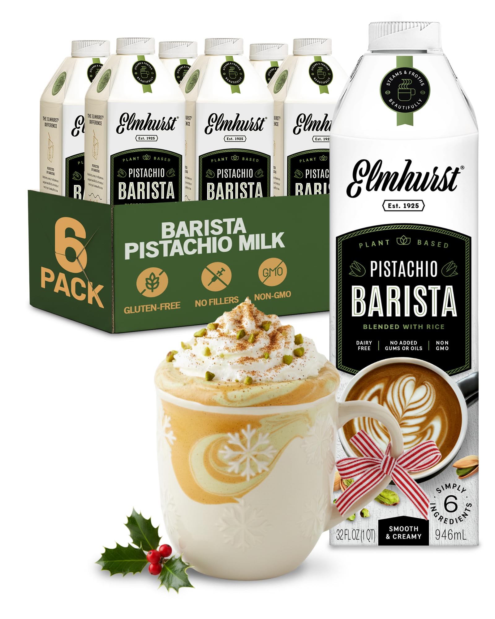 Elmhurst 1925 Pistachio Milk Barista Edition - 32 Ounce (Pack of 6) Plant-Based, Vegan, Dairy-Free, Non-GMO, Kosher, Froths for 