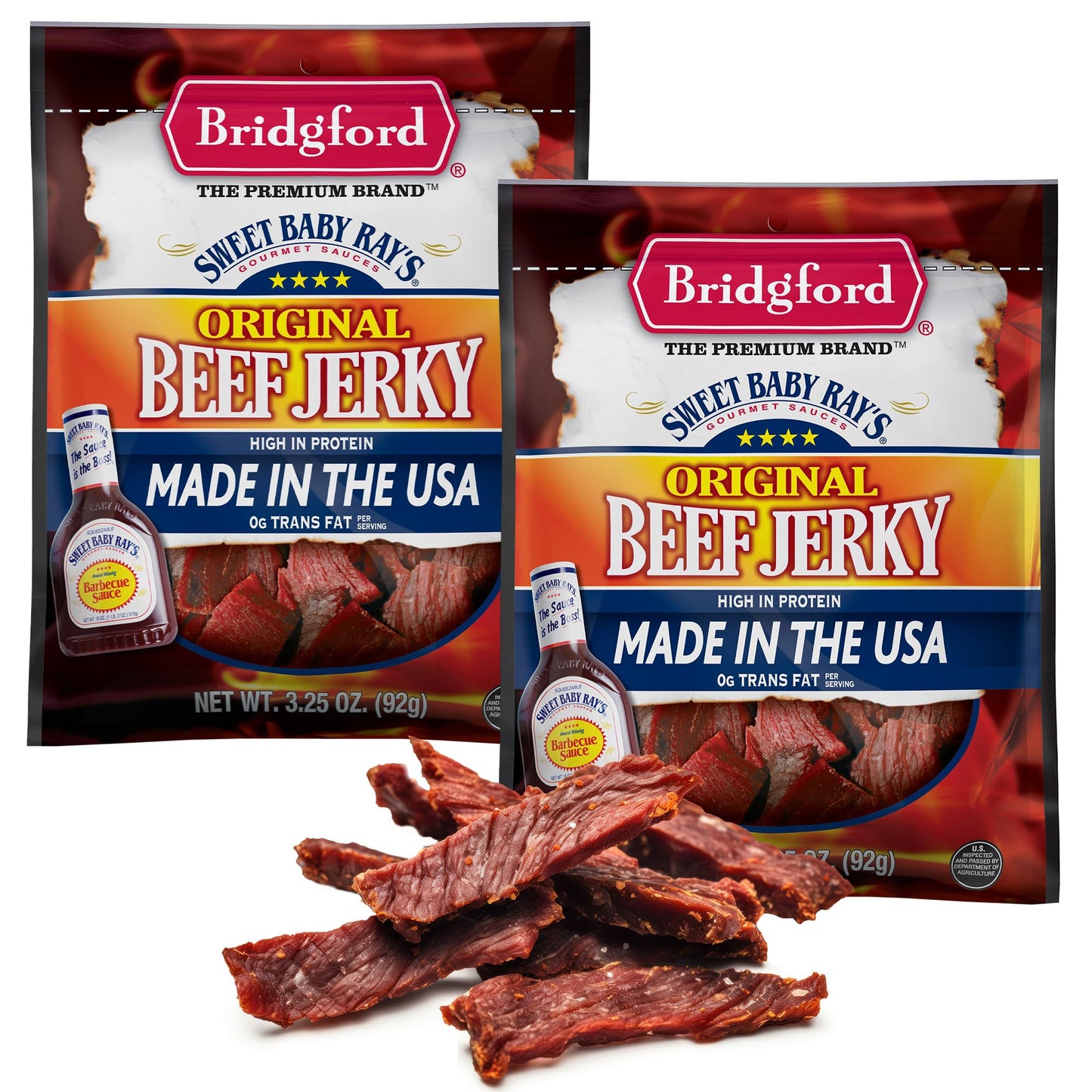 Bridgford Sweet Baby Rays Beef Jerky Original 3.25 oz Pack of 2 - Healthy High Protein Beef Jerky for Your Dietary Preferences -