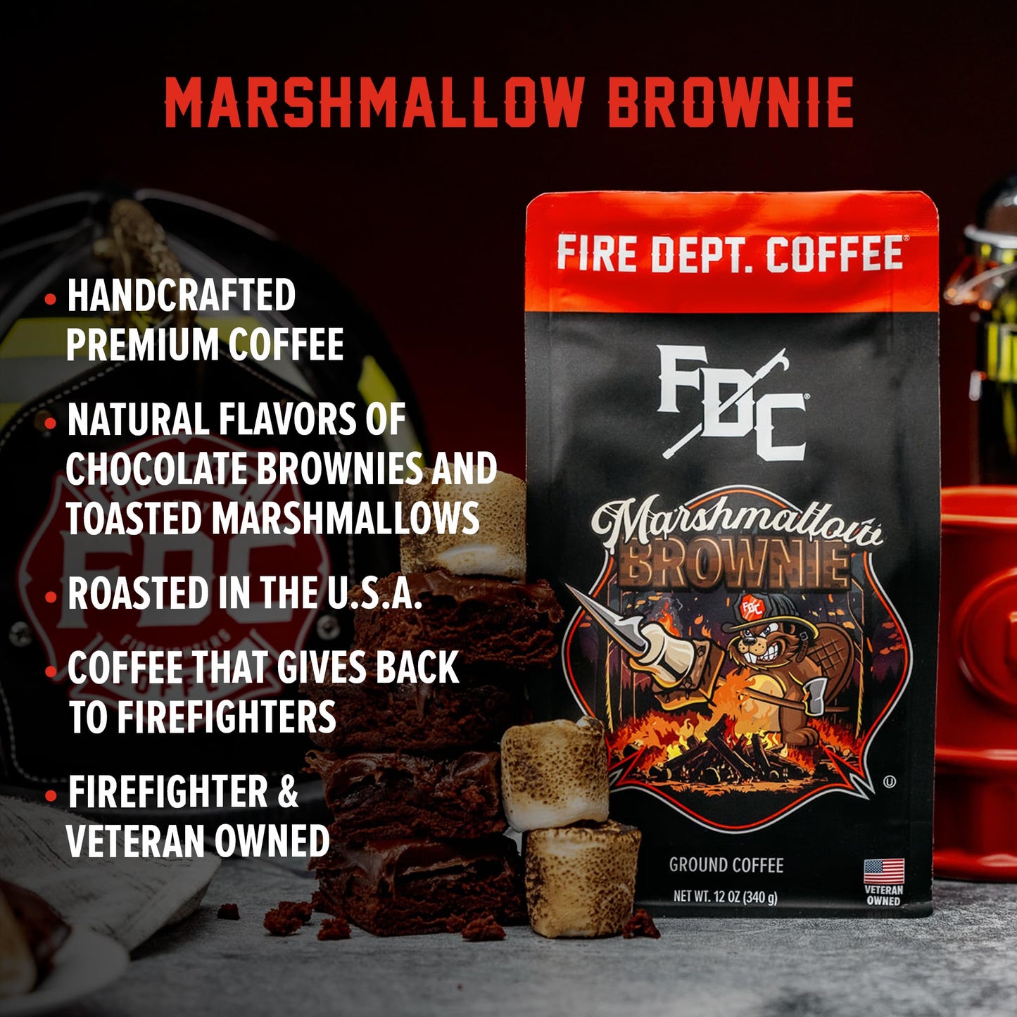 Fire Department Coffee - Gives Back to Firefighters - Marshmallow Brownie Ground Coffee - Roasted in the USA - Made with enhanced Coffee Beans - Veteran Owned 12 oz