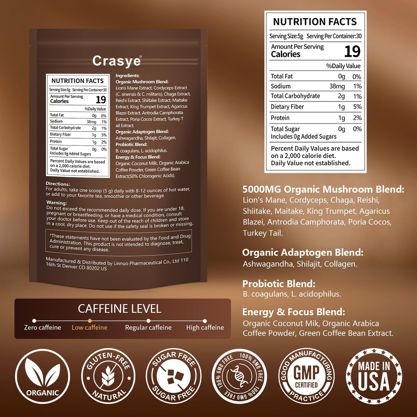 Organic Low Caffeine Mushroom Coffee 11 Superfood Instant Mushrooms Coffee with Ashwagandha  Shilajit  Lions Mane  Reishi  Chaga & Collagen Arabica Coffe Powder Ground for Focus  Energy  Digestion and Immunity 30 Servings Cafe De Hongos