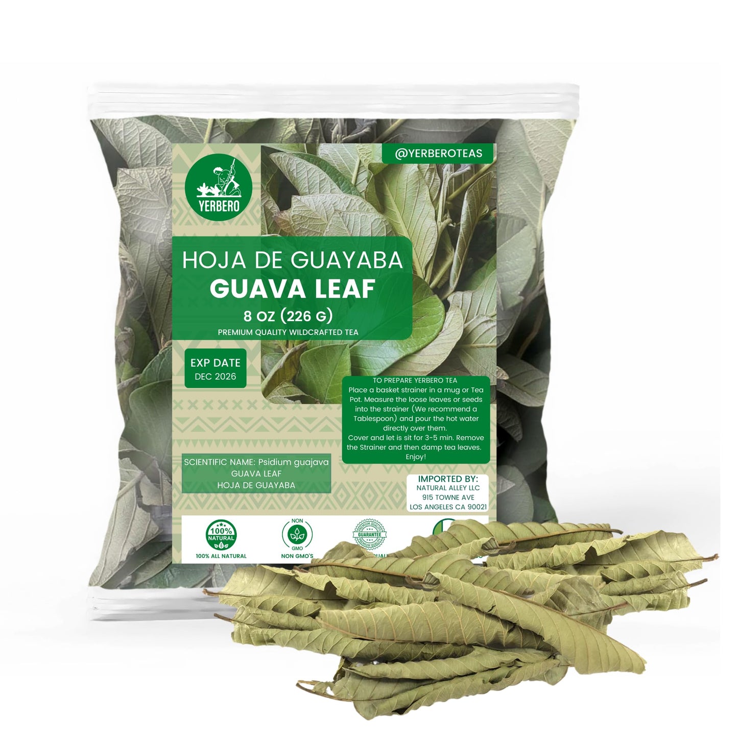 YERBERO Dried Guava Leaf Tea - Whole Loose Leaves, 8oz (226g), Non-GMO, Caffeine Free, Wildcrafted, 60-70 Cups