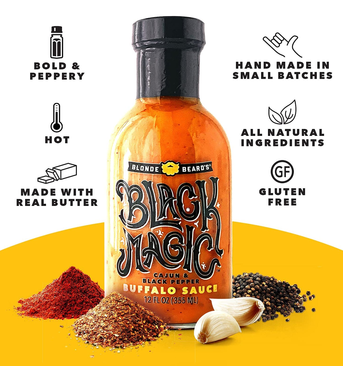 Blonde Beard'S Black Magic Buffalo Sauce - (Medium/Hot) - Gourmet, Award Winning Sauce With Black Pepper, Cajun & Garlic - Made