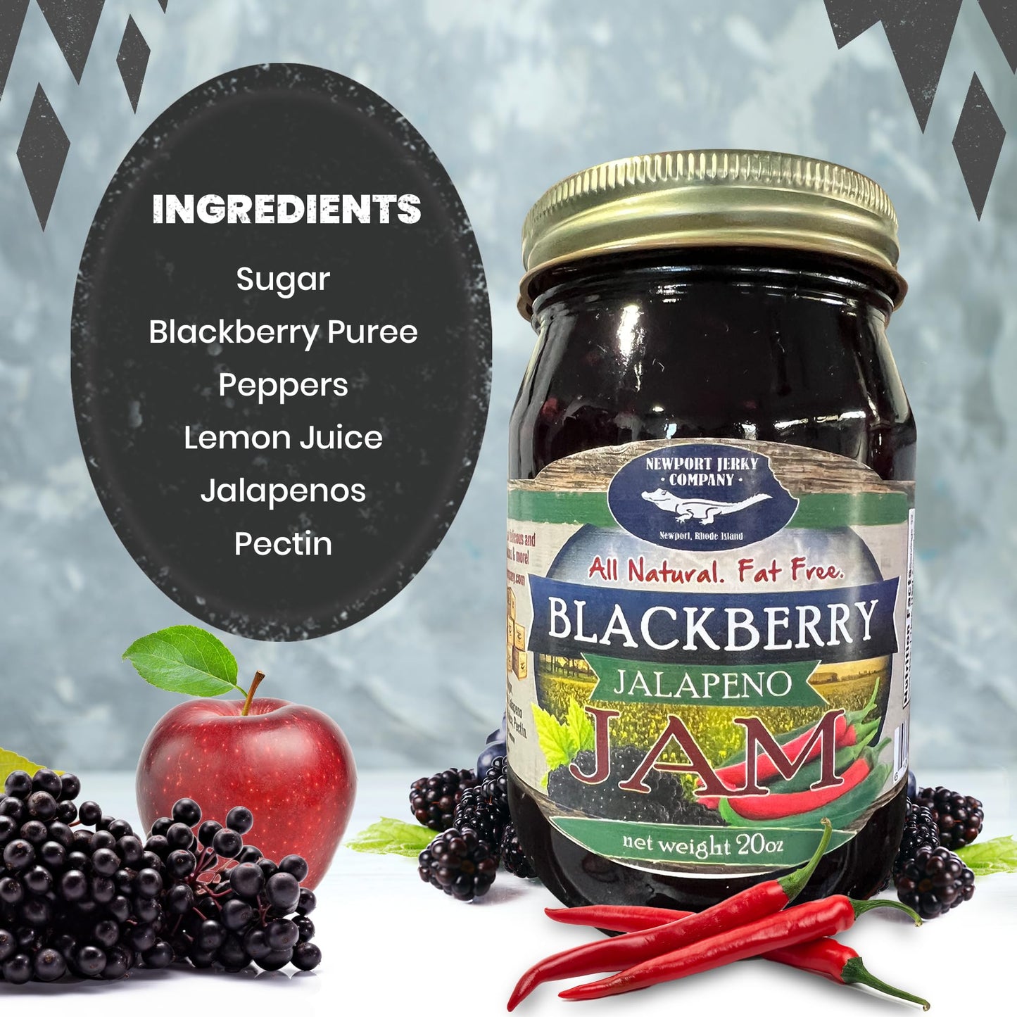NEWPORT JERKY COMPANY Gourmet Blackberry Jalapeno Jam, Fat Free, Gluten Free, 1.25 Pound