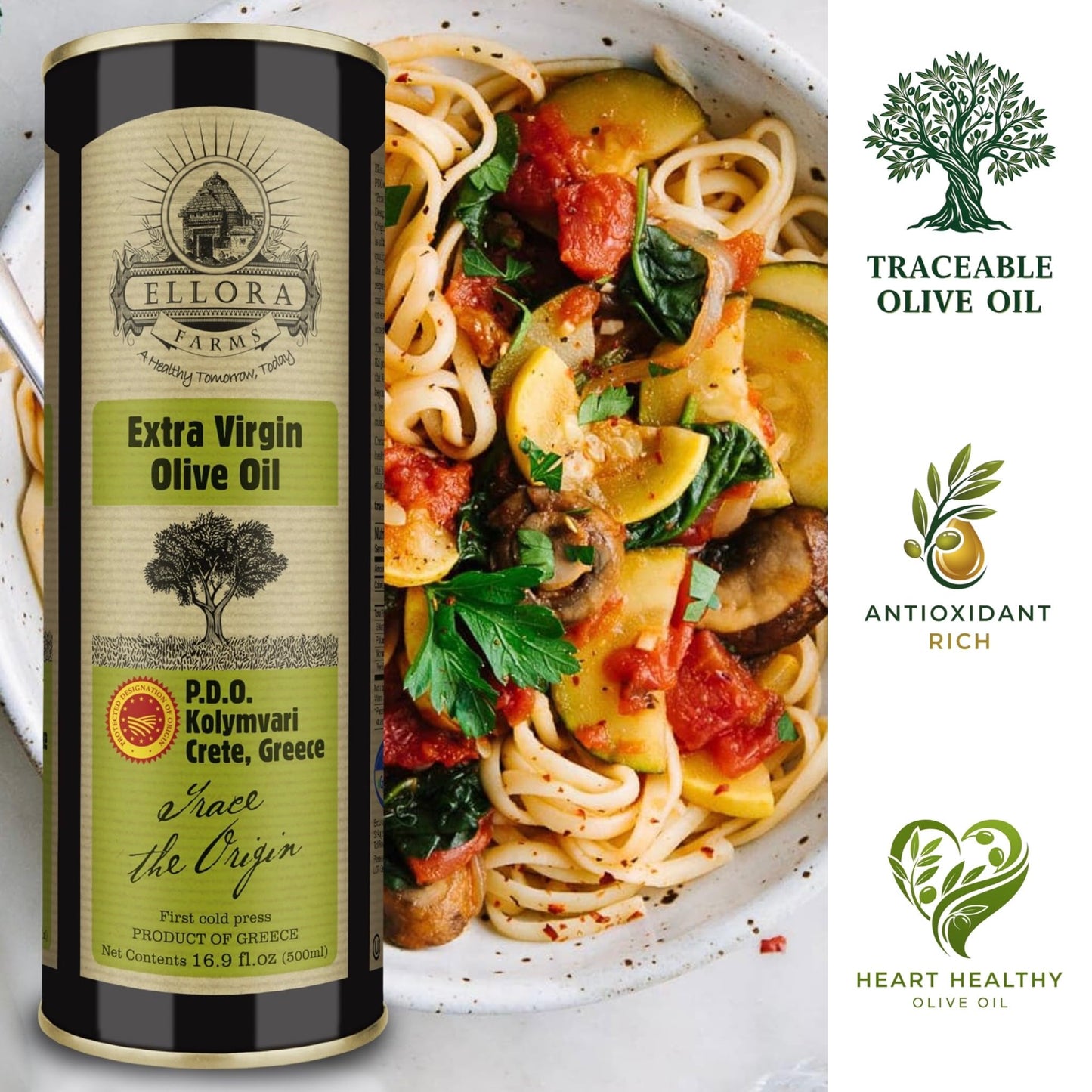 Ellora Farms Extra Virgin Olive Oil, Single Estate, Cold Pressed, 16.9 Fl Oz, Kosher, Crete, Greece