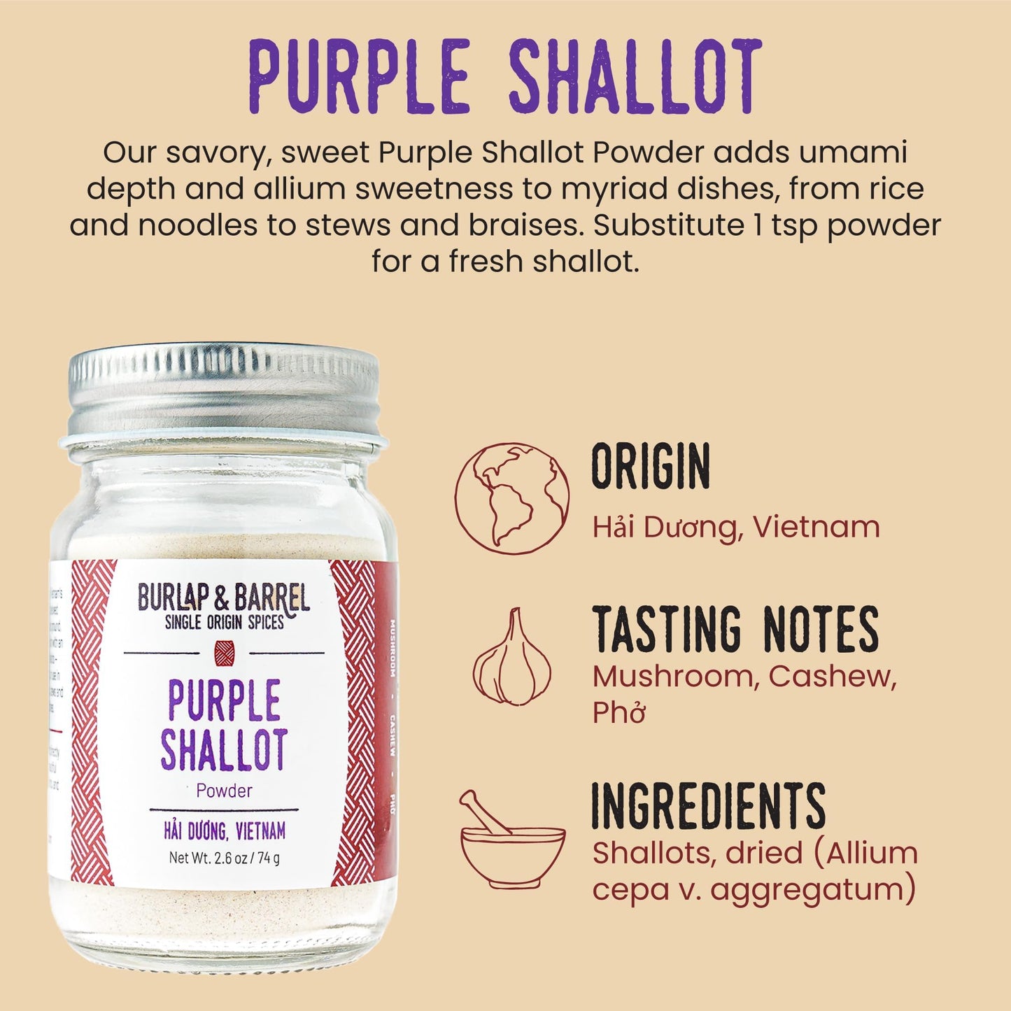 Burlap & Barrel Purple Shallot Powder - Air-Dried Vietnamese Seasoning - 2.6oz Glass Jar