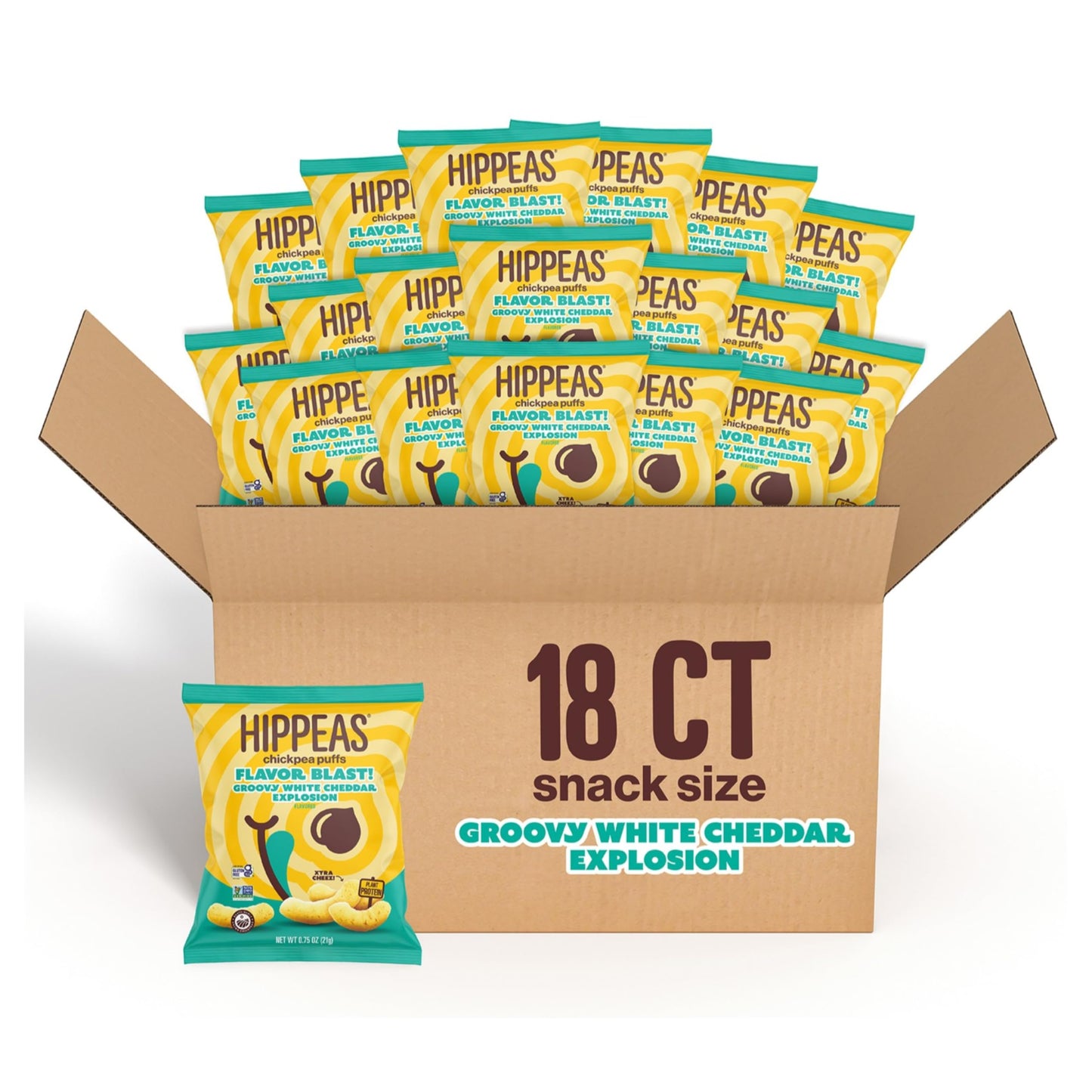 Hippeas Chickpea Puffs, Flavor Blast: White Cheddar Explosion, 0.75 Ounce (Pack of 18), 3g Protein, 2g Fiber, Vegan, Gluten-Free
