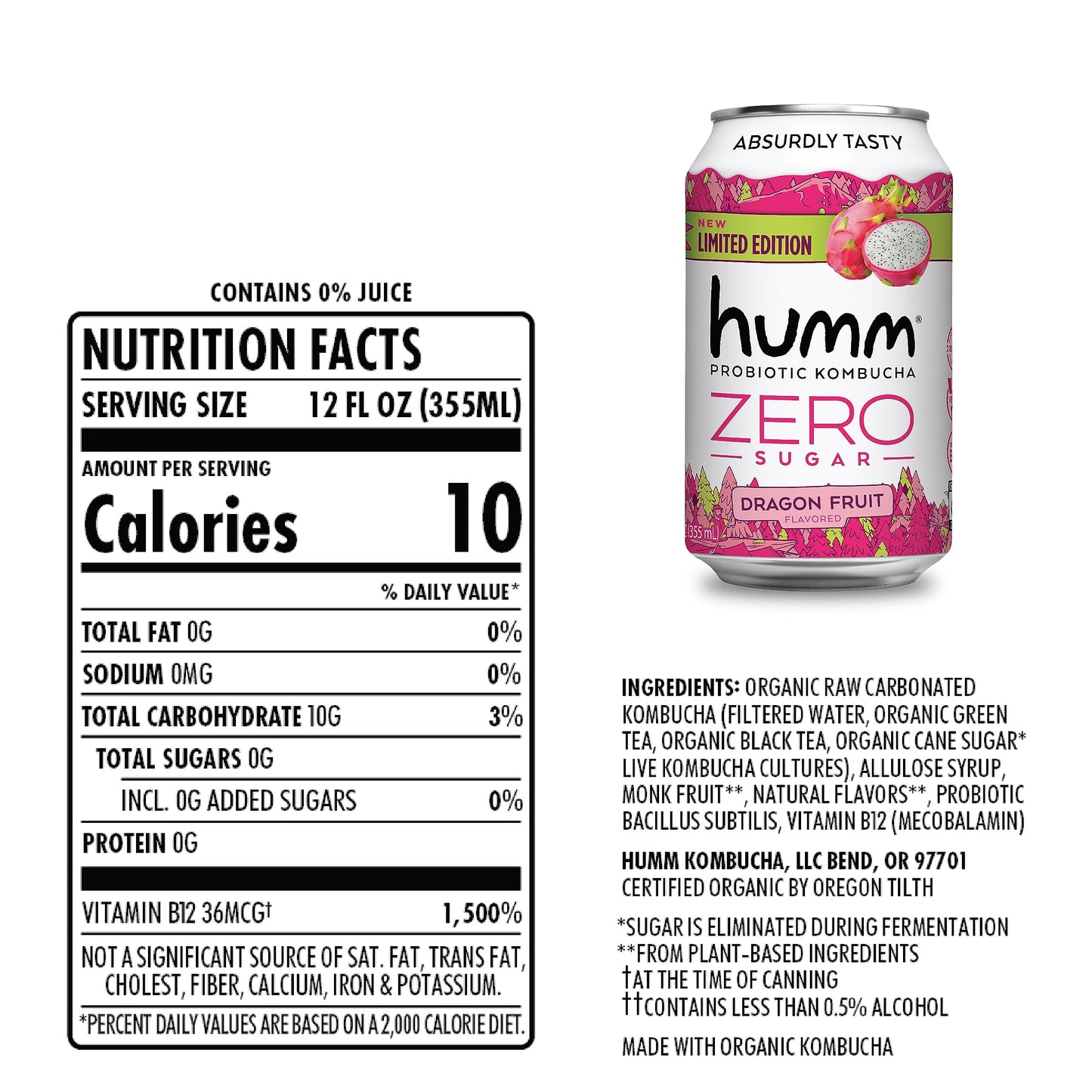 Humm Probiotic Kombucha Zero Sugar Dragon Fruit - No Refrigeration Needed, Keto-Friendly, Organic, Vegan, Gluten-Free - 12Oz Can