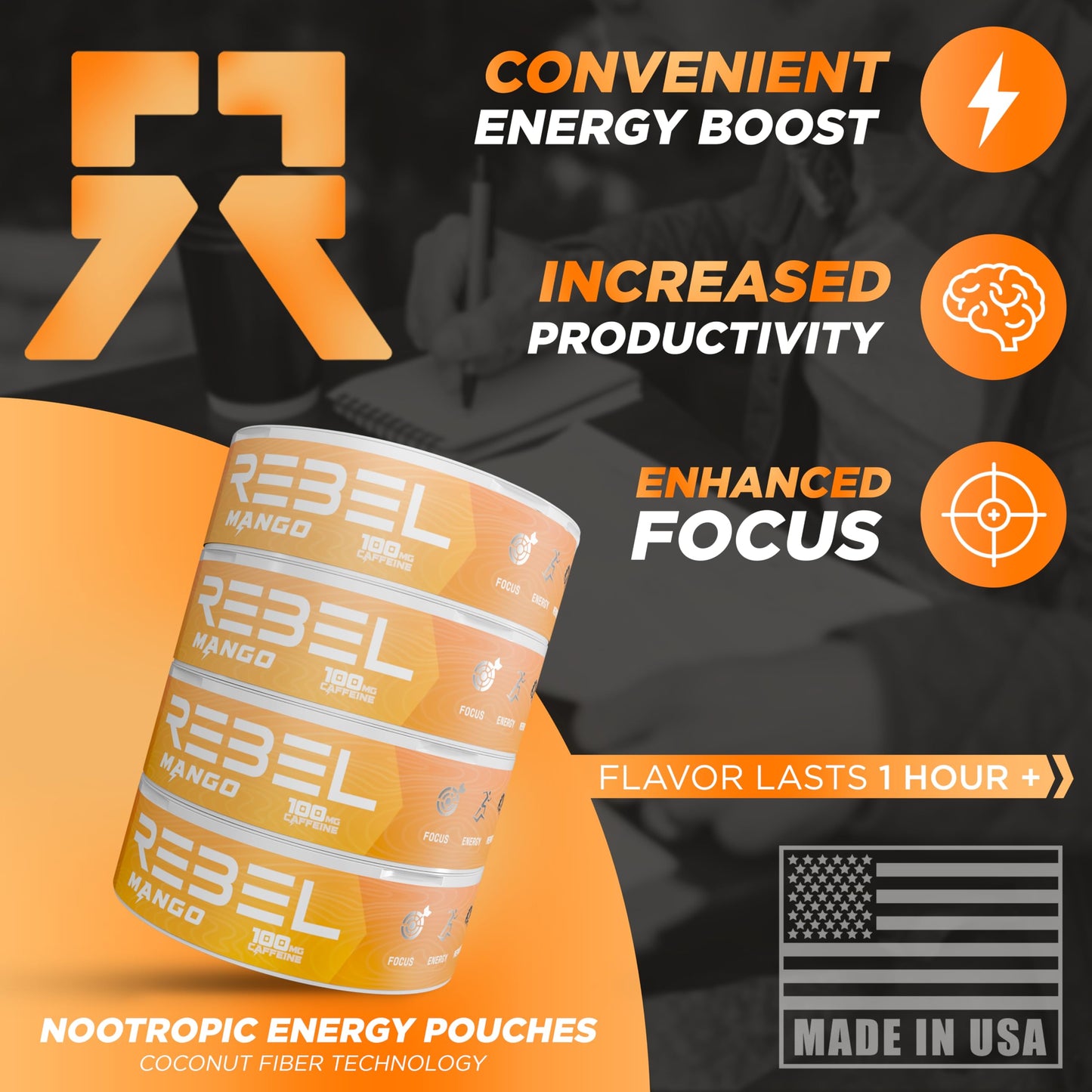 Rebel dietary products Nootropic Energy Pouches, 100mg Caffeine, Sugar-Free, Mango Flavor, Pack of 4