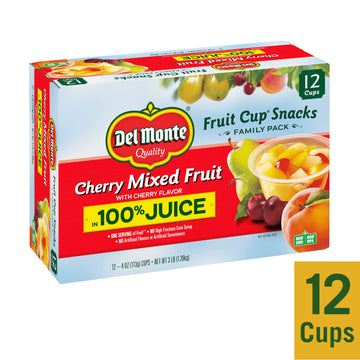 Del Monte Cherry Flavored Mixed Fruit Fruit Cup Snacks In 100% Juice, 12 Pack, 4 Oz.