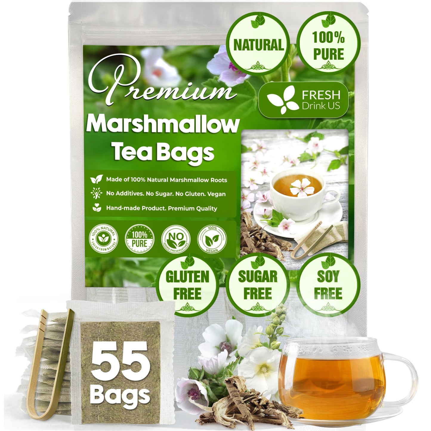 FRESHDRINKUS Premium Marshmallow Root Herbal Tea Bags, 100% Natural, Vegan, 55 Count