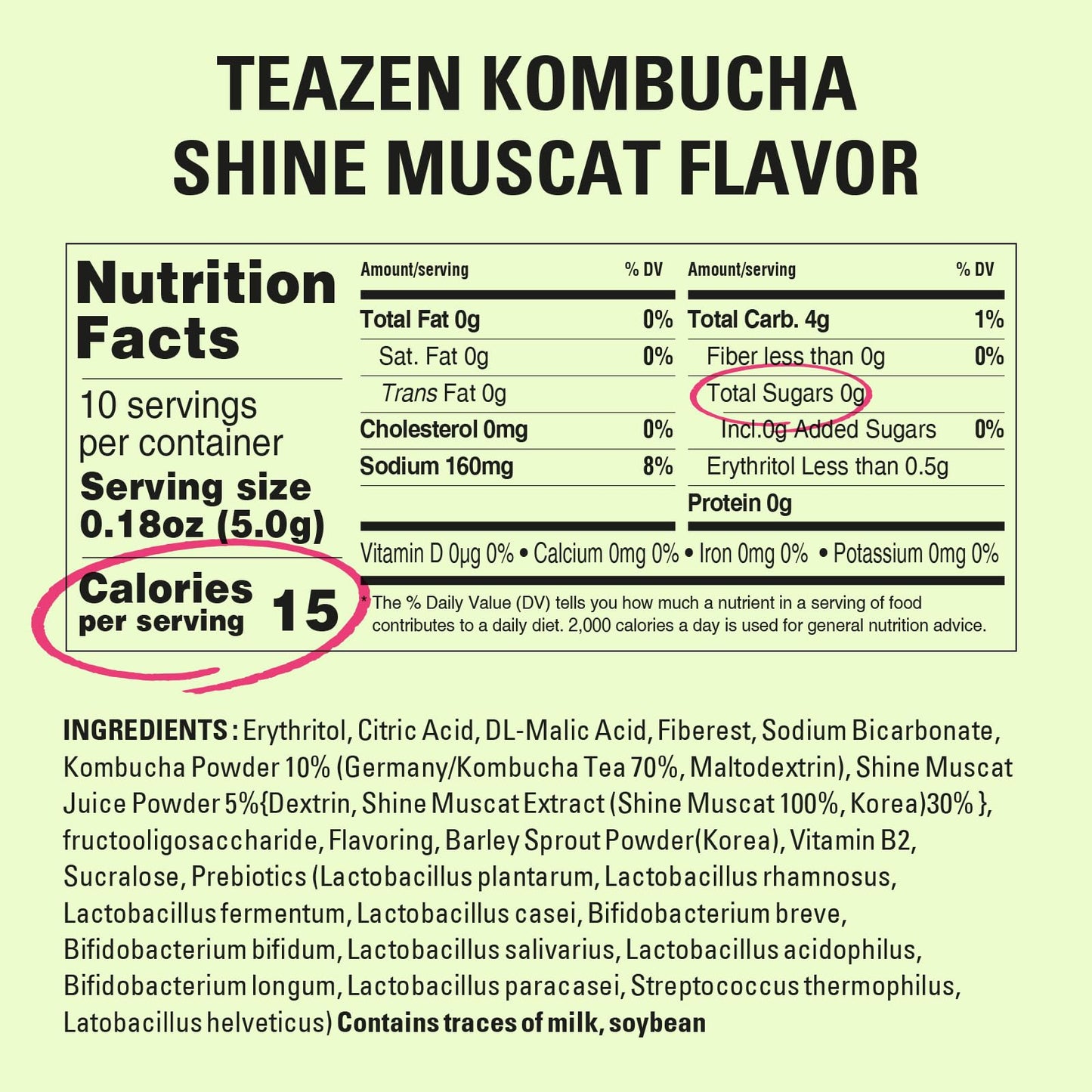 Teazen Shine Muscat Kombucha Tea, Electrolyte Powder & Hydration Drink Mix, Sugar Free, Live Probiotics & Prebiotics, 10 Sticks,