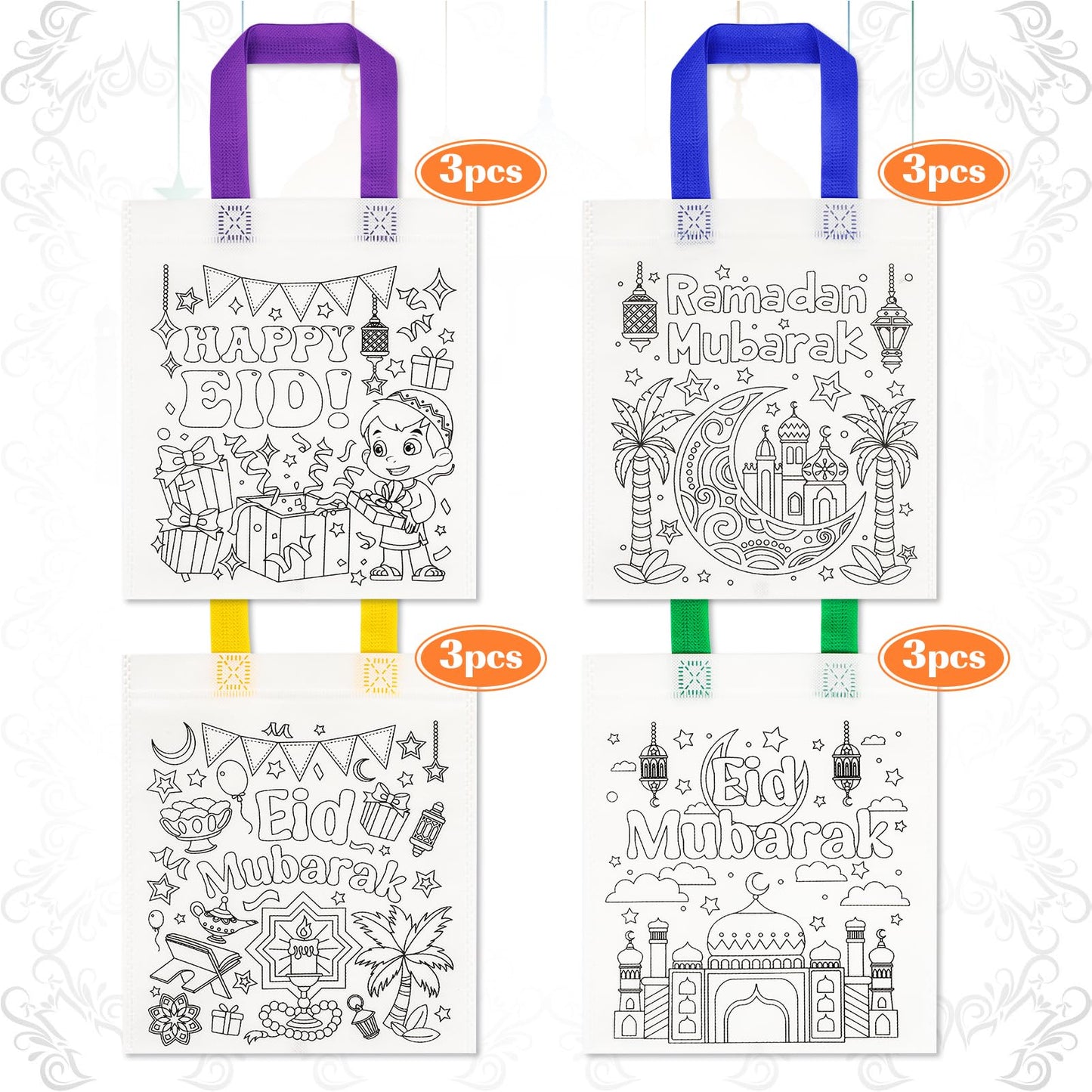 Howaf 12Pcs Eid Holiday Coloring Goodie Bags With Paint Pens For Kids, Eid Mubarak Coloring Candy Bags Ramadan Mubarak Coloring