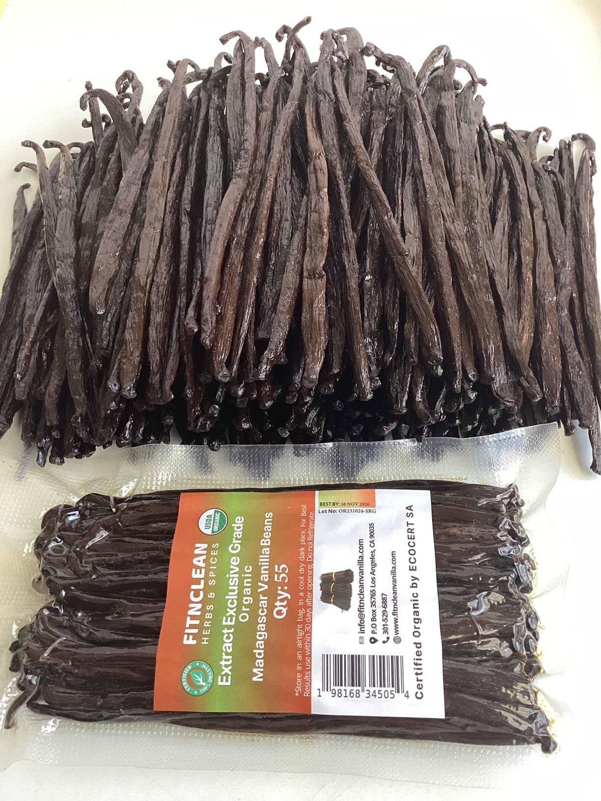 FITNCLEAN VANILLA 55 Organic Madagascar Vanilla Extract, Grade B Beans, Non-GMO, Bulk Dry Whole Pods, 55 Count