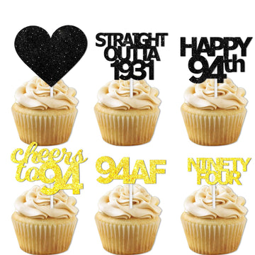 18pcs Black Gold Glitter Dessert Cupcake Pick for Straight Outta 1931 Cheer to 94 Years Old Theme Decor Supplies Happy 94th Birt