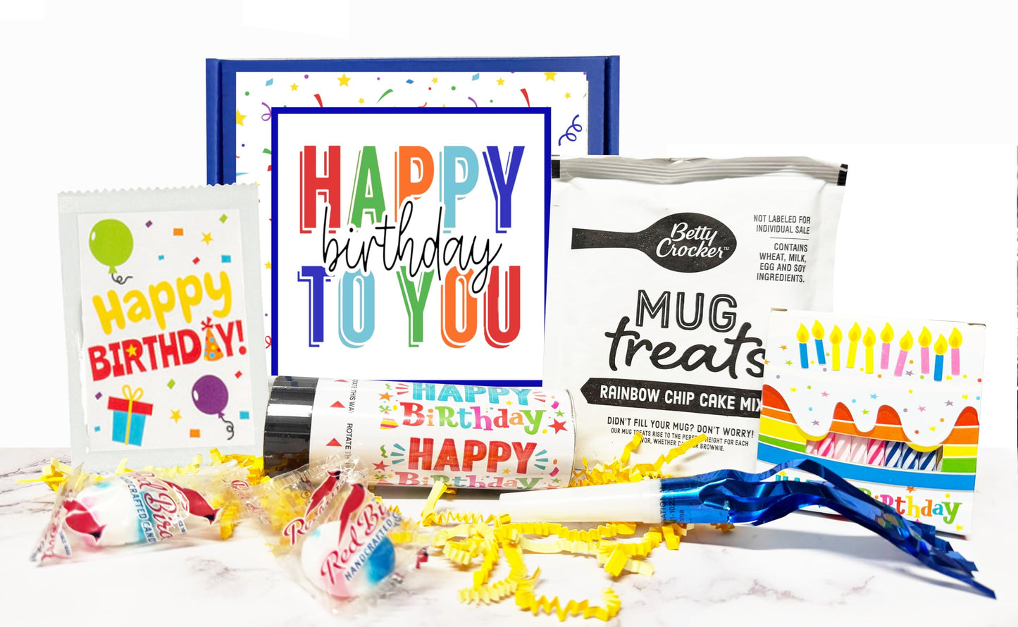 Birthday Box with Mug Cake Kit, Party Candles, Confetti Poppers, and Festive Treats - Complete Gift Set with Card, Mints, and Bi