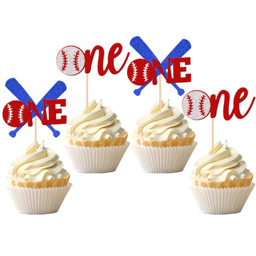 24 Pcs Baseball 1St Birthday Cupcake Toppers Glitter First Birthday Baseball One Cupcake Picks Decorations For Baseball Sports T