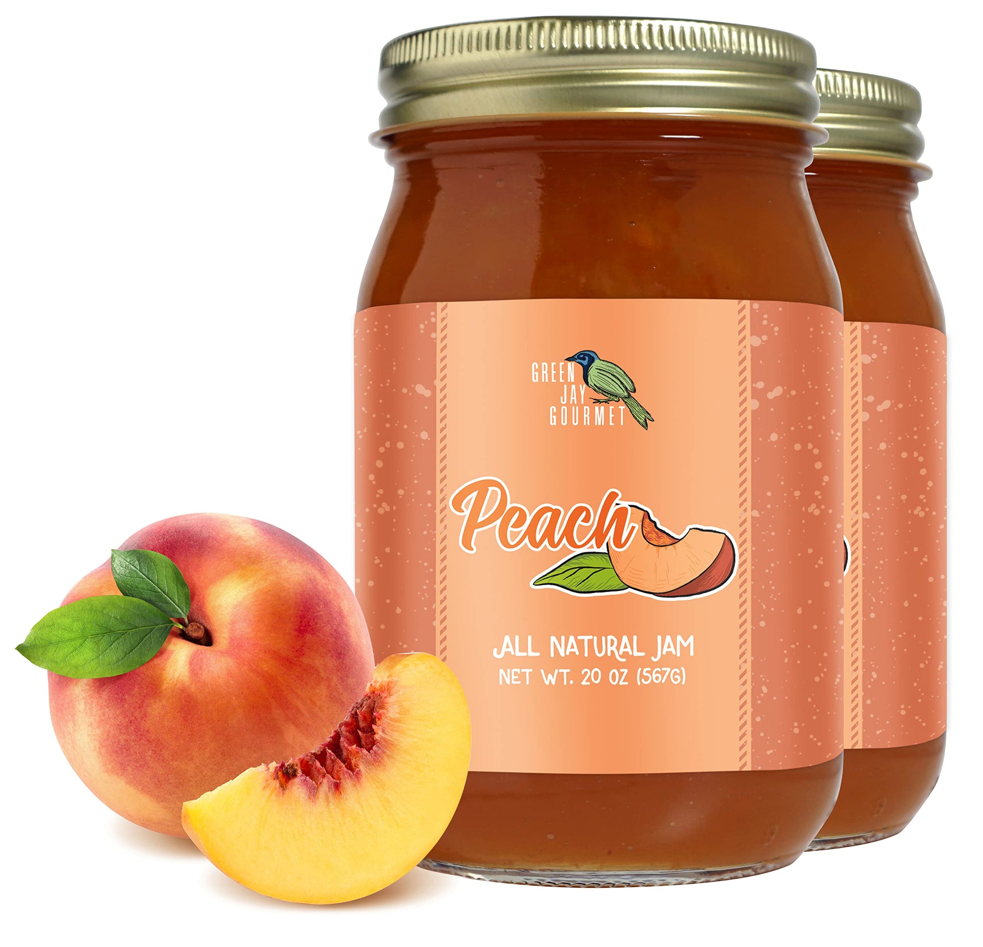 Green Jay Gourmet Peach Jam - All-Natural, Vegan, Gluten-Free - 2 x 20 Ounces