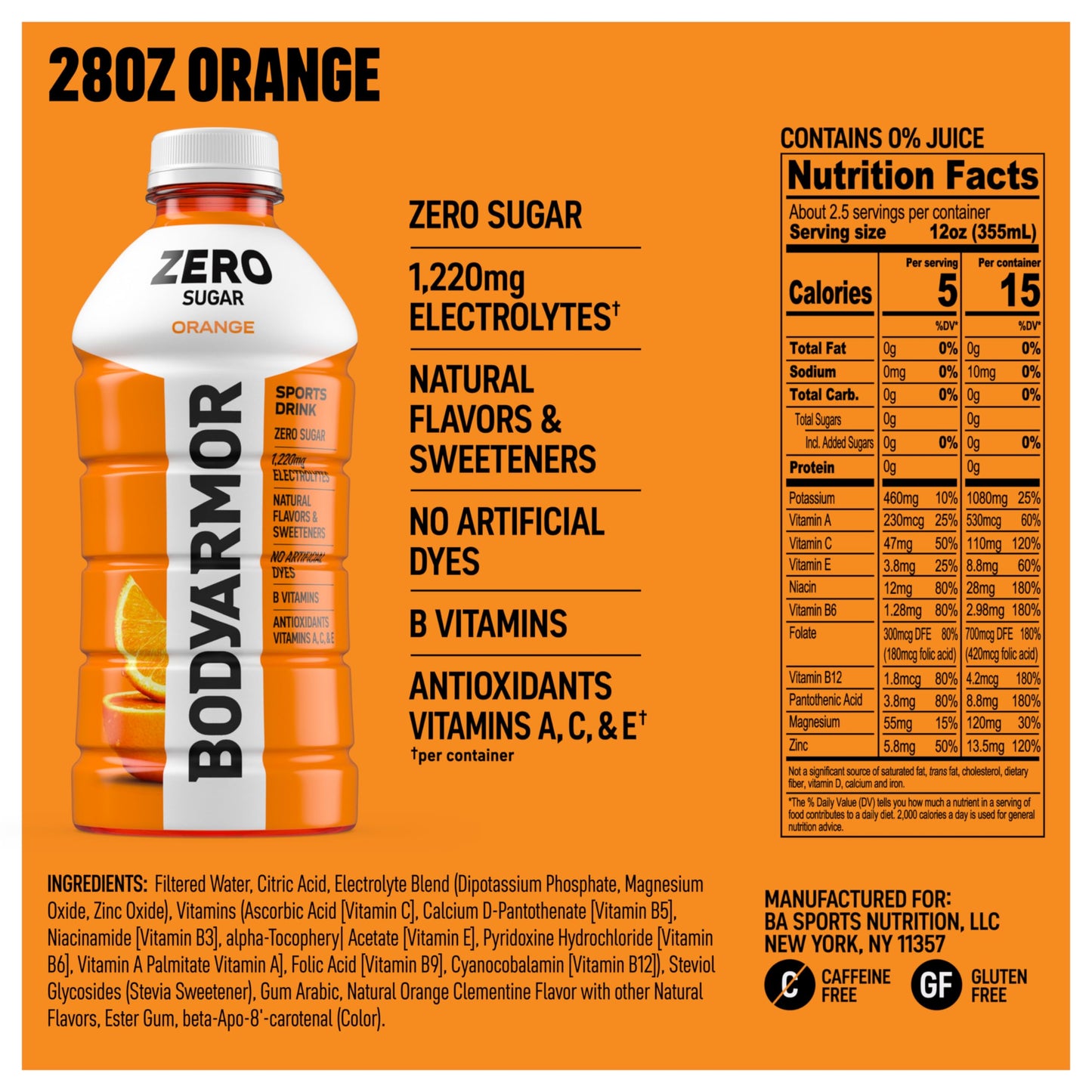 BODYprotective covering ZERO Sugar Orange Electrolyte Drink  Natural Flavors  28 Fl Oz Bottles (15 Pack)  B Vitamins & Antioxidants Sugar Free Hydration