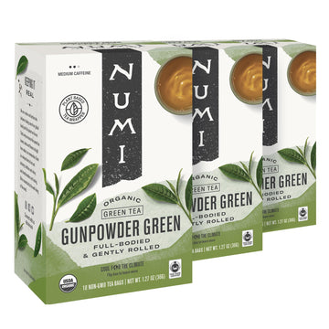 Numi Organic Tea Gunpowder Green, 18 Tea Bags (Pack of 3), Full-Bodied Gently Rolled Chinese Green Tea (Packaging May Vary)