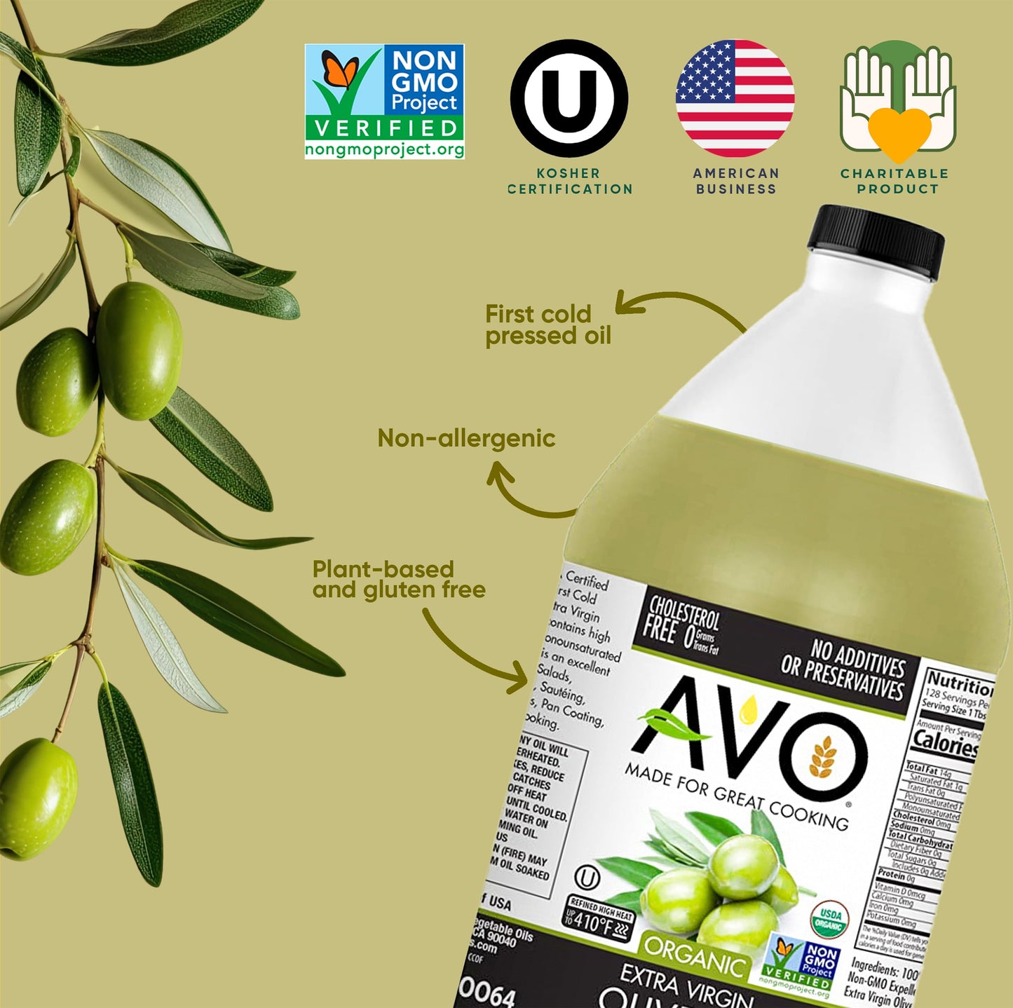 AVO ORGANIC 100% EXTRA VIRGIN OLIVE Oil, 64 Fl-oz (Half Gallon) NO preservatives added