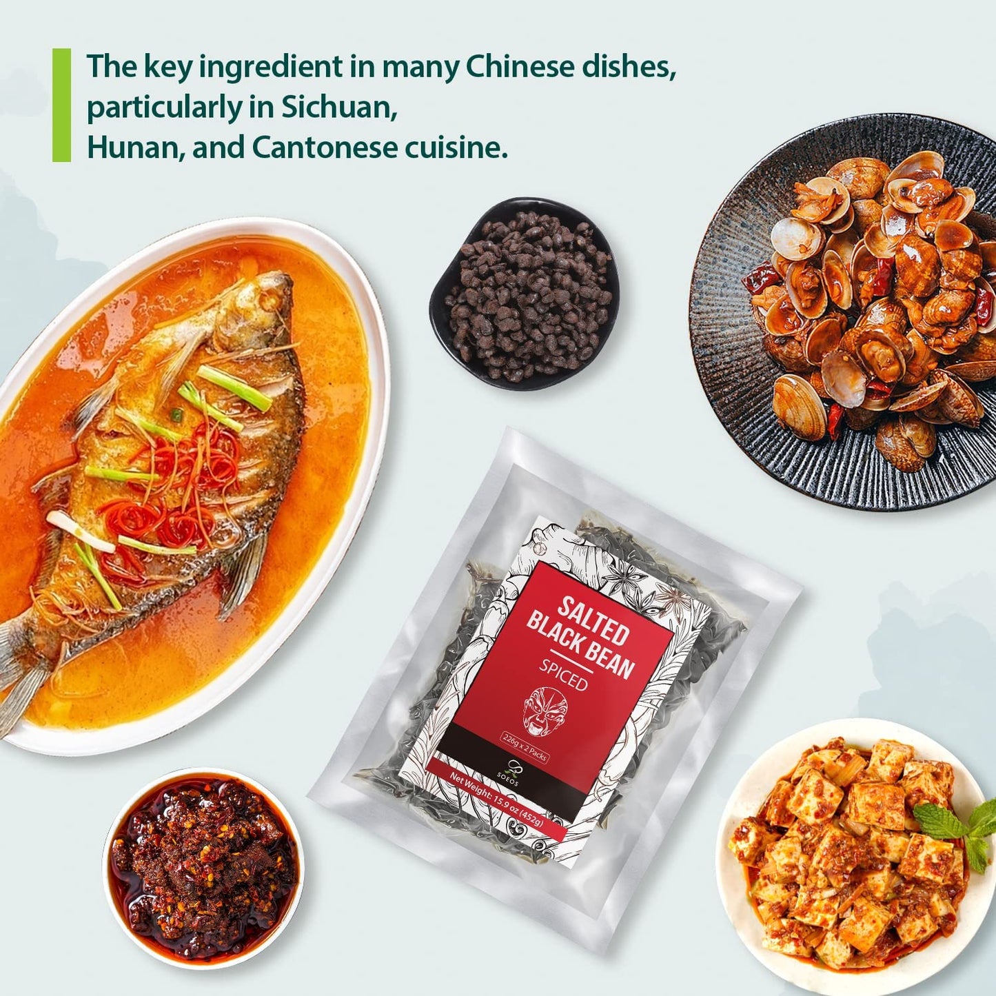 Soeos Chinese Douchi, Fermented Black Beans, 15.94 Oz (452G), 2 Packs Of 226G Each