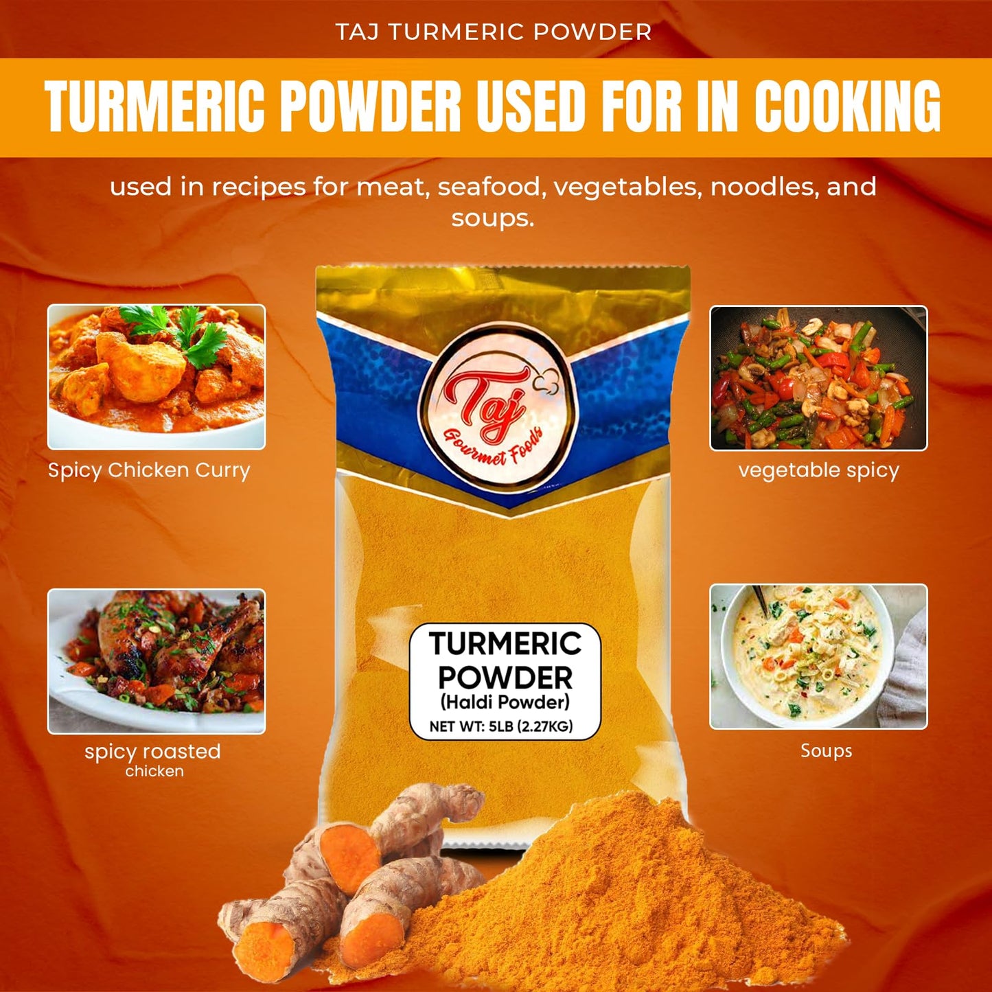 Taj Premium Indian Turmeric Haldi Powder, Curcumin Ground, (5-Pounds Jar) Bulk Packaging