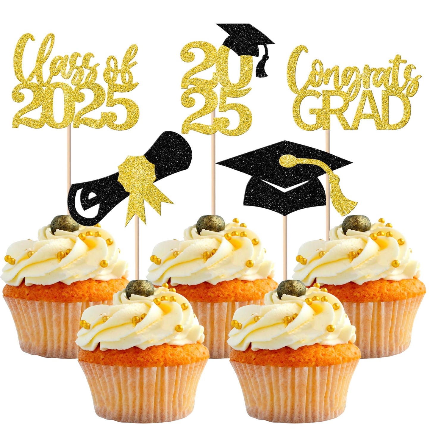 YCTHUNFISH 30 Pack Graduation Cupcake Toppers, Black Gold Glitter, Bamboo Picks for Class of 2025 Party Decorations